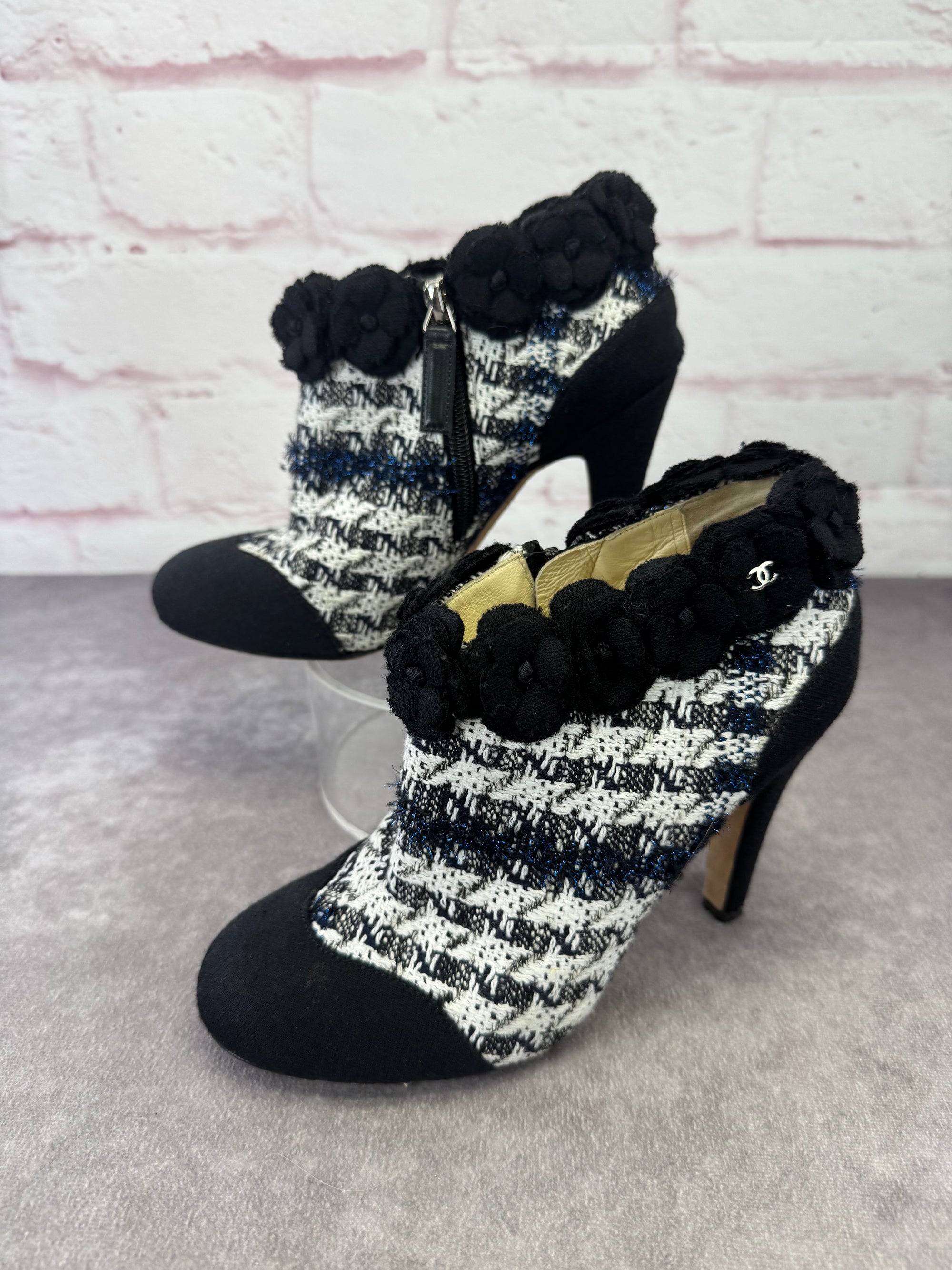 Chanel Coco Mark Tweed Camellia Heeled Booties 36