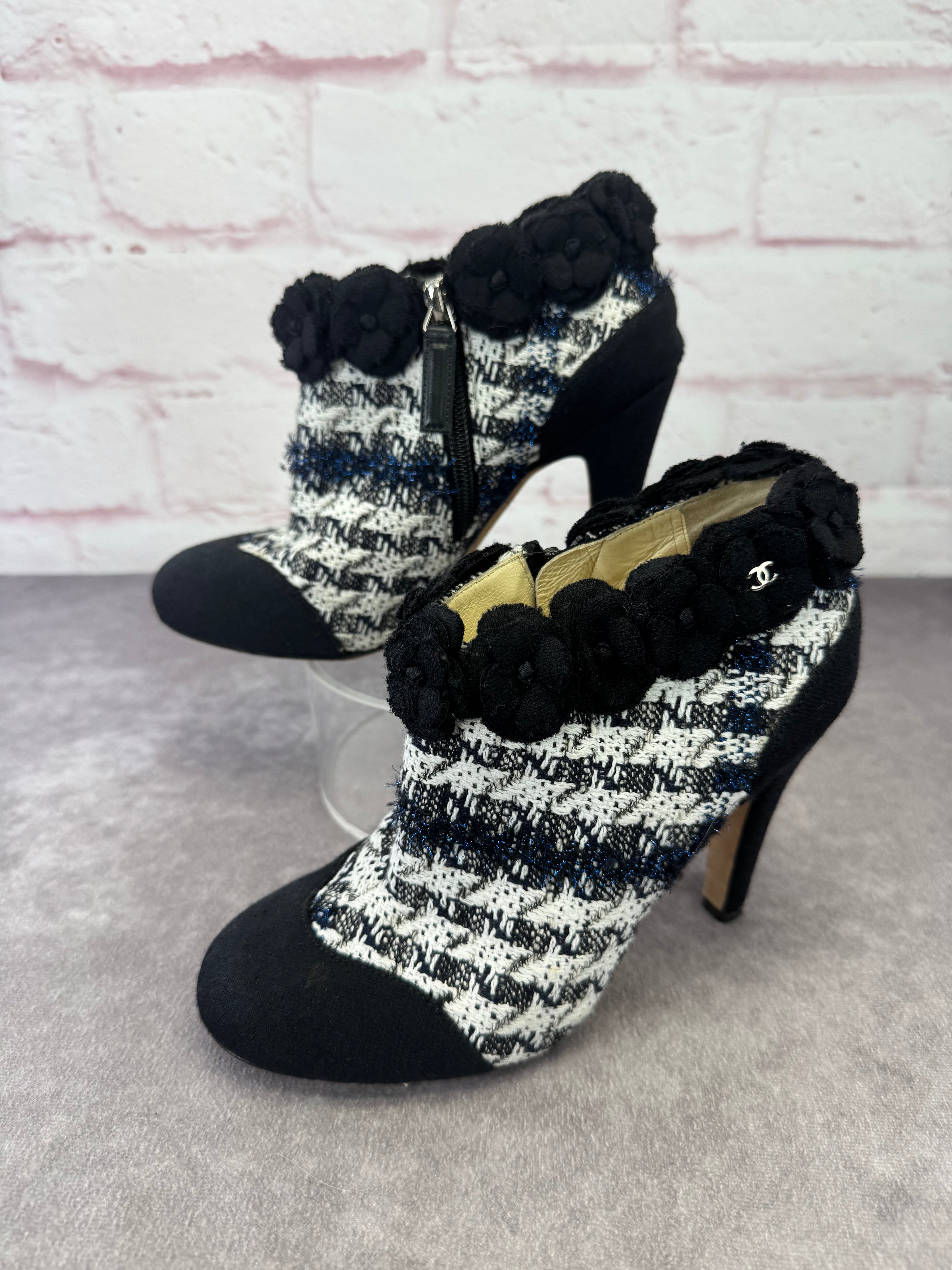 Chanel Coco Mark Tweed Camellia Heeled Booties 36