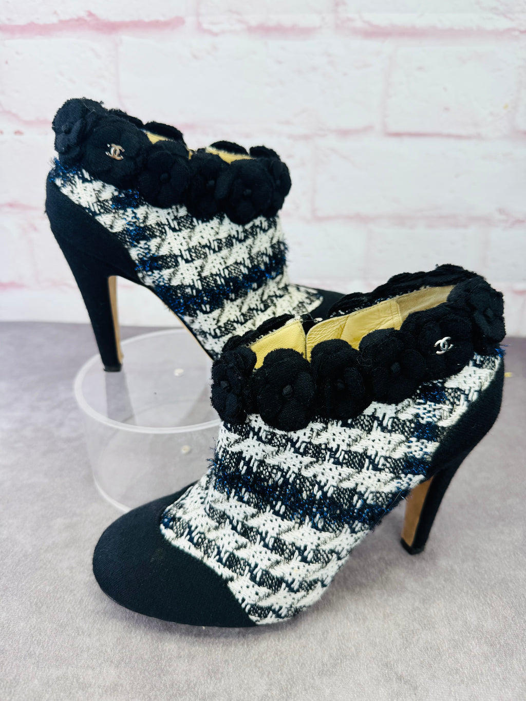 Chanel Coco Mark Tweed Camellia Heeled Booties 36