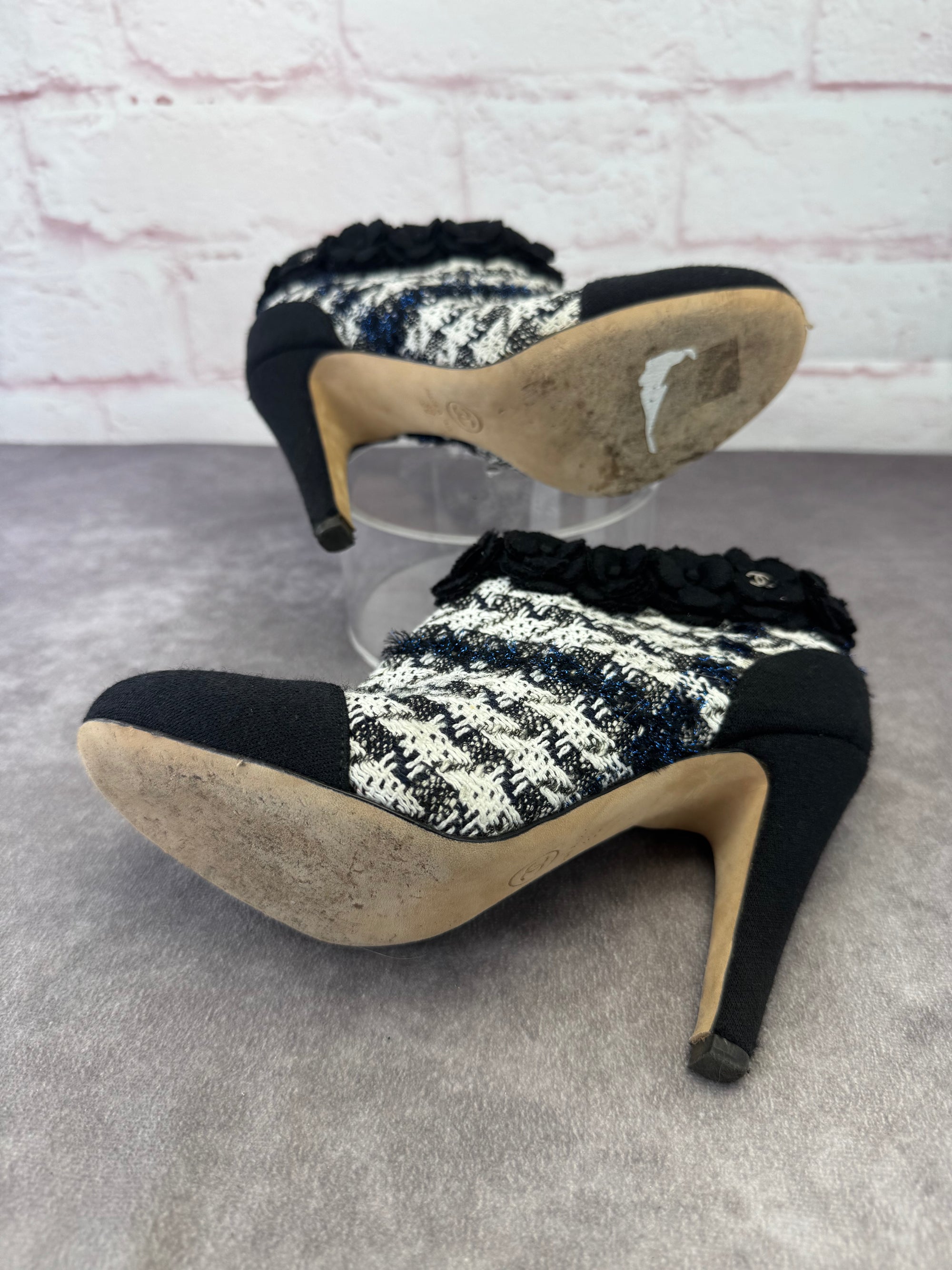 Chanel Coco Mark Tweed Camellia Heeled Booties 36