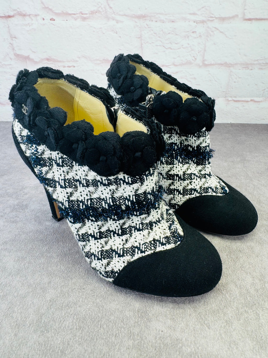 Chanel Coco Mark Tweed Camellia Heeled Booties 36