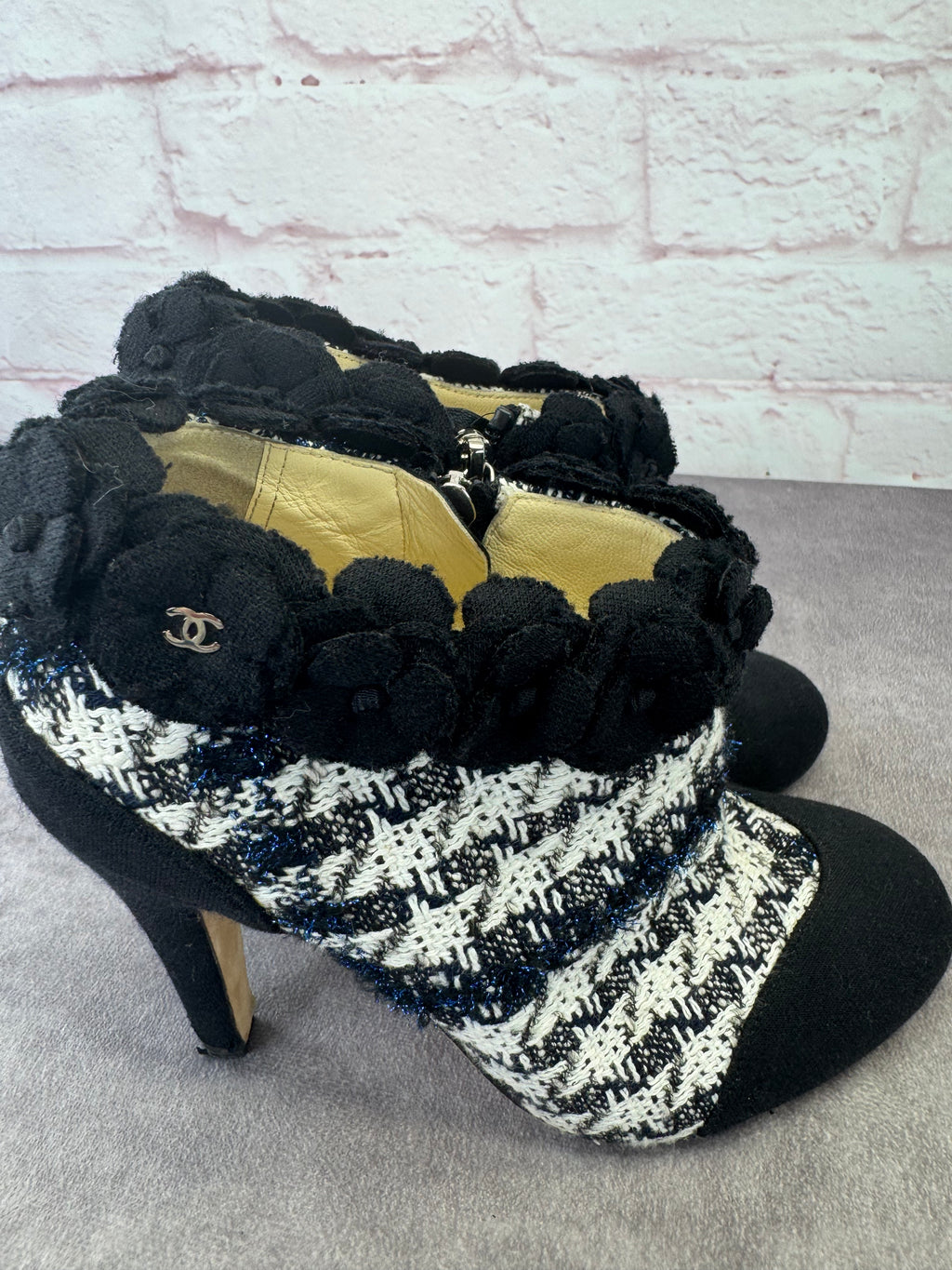 Chanel Coco Mark Tweed Camellia Heeled Booties 36