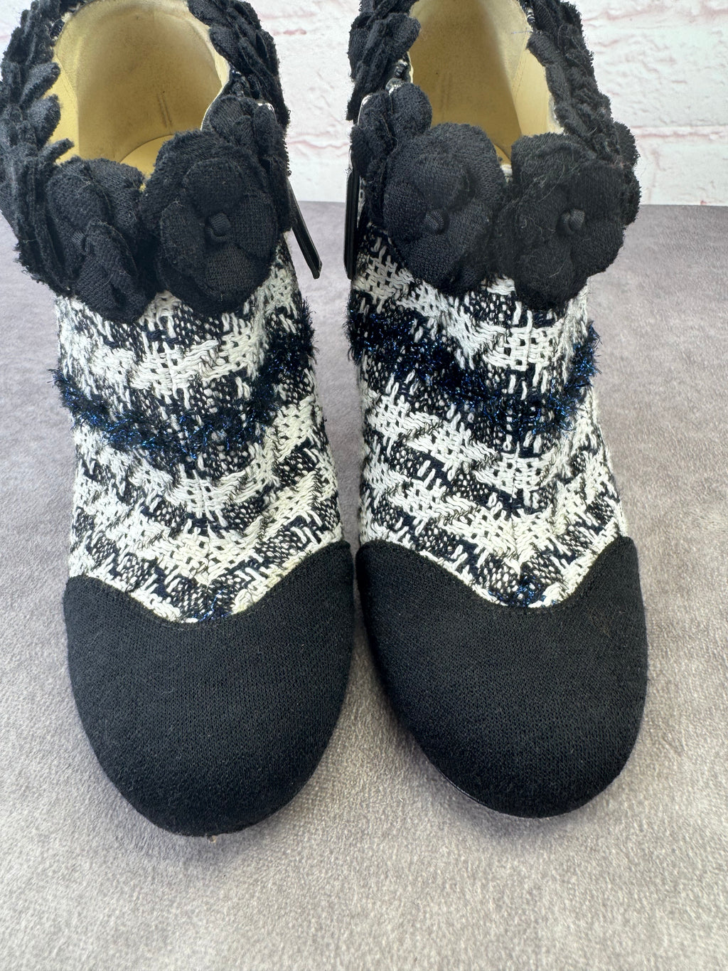 Chanel Coco Mark Tweed Camellia Heeled Booties 36
