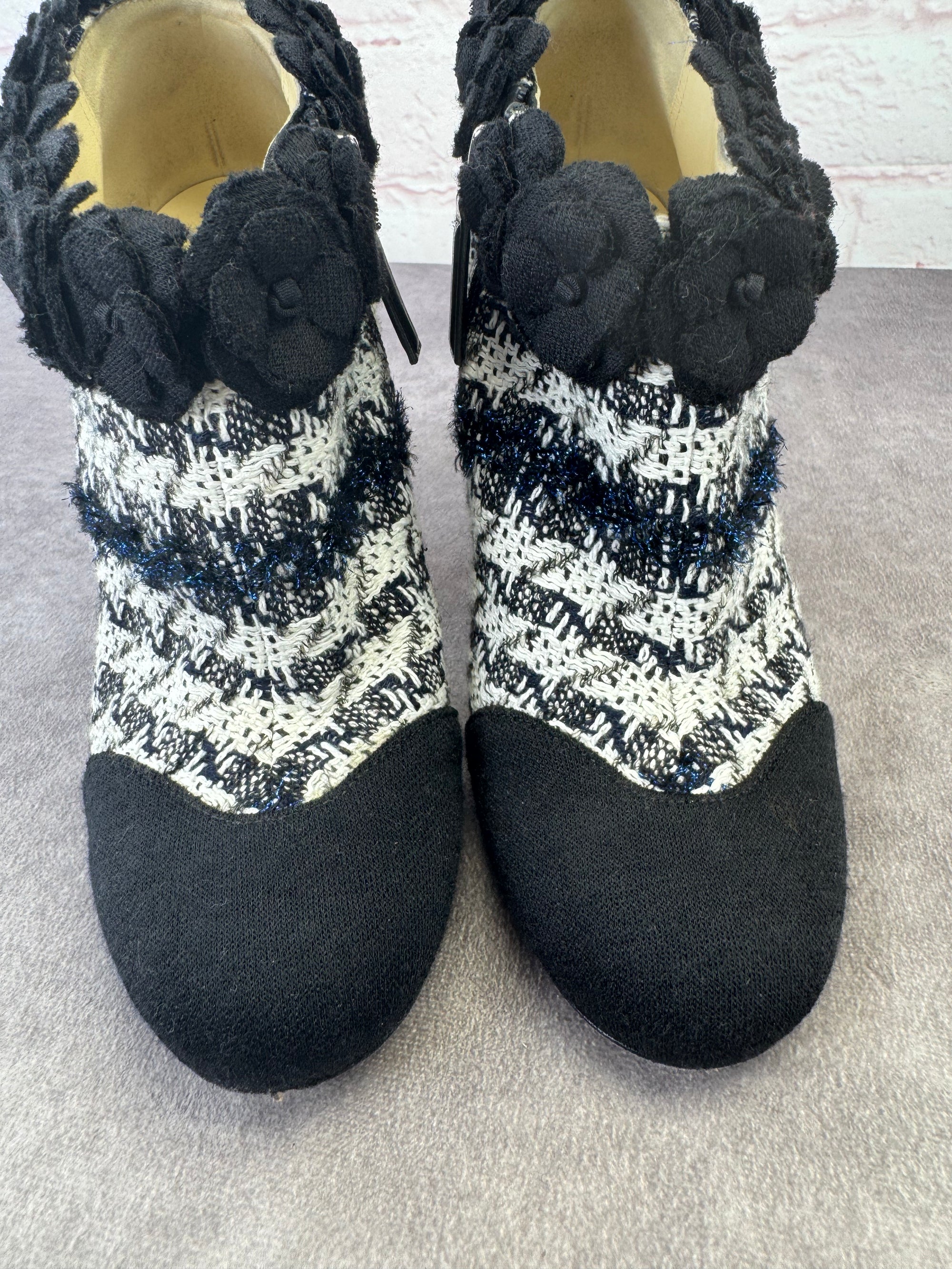 Chanel Coco Mark Tweed Camellia Heeled Booties 36