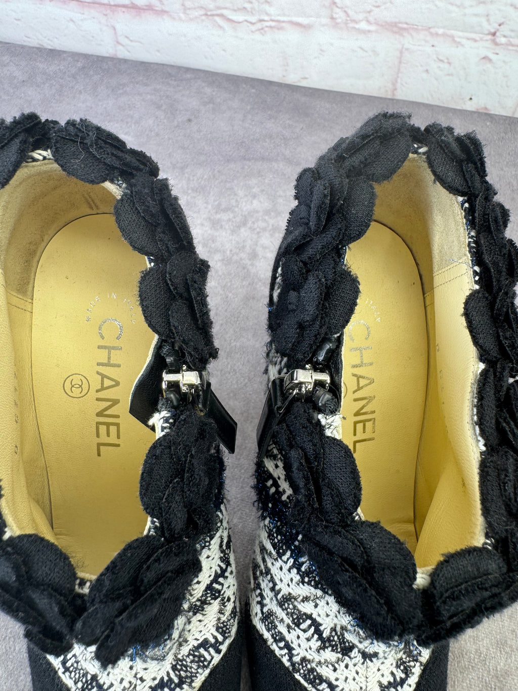 Chanel Coco Mark Tweed Camellia Heeled Booties 36