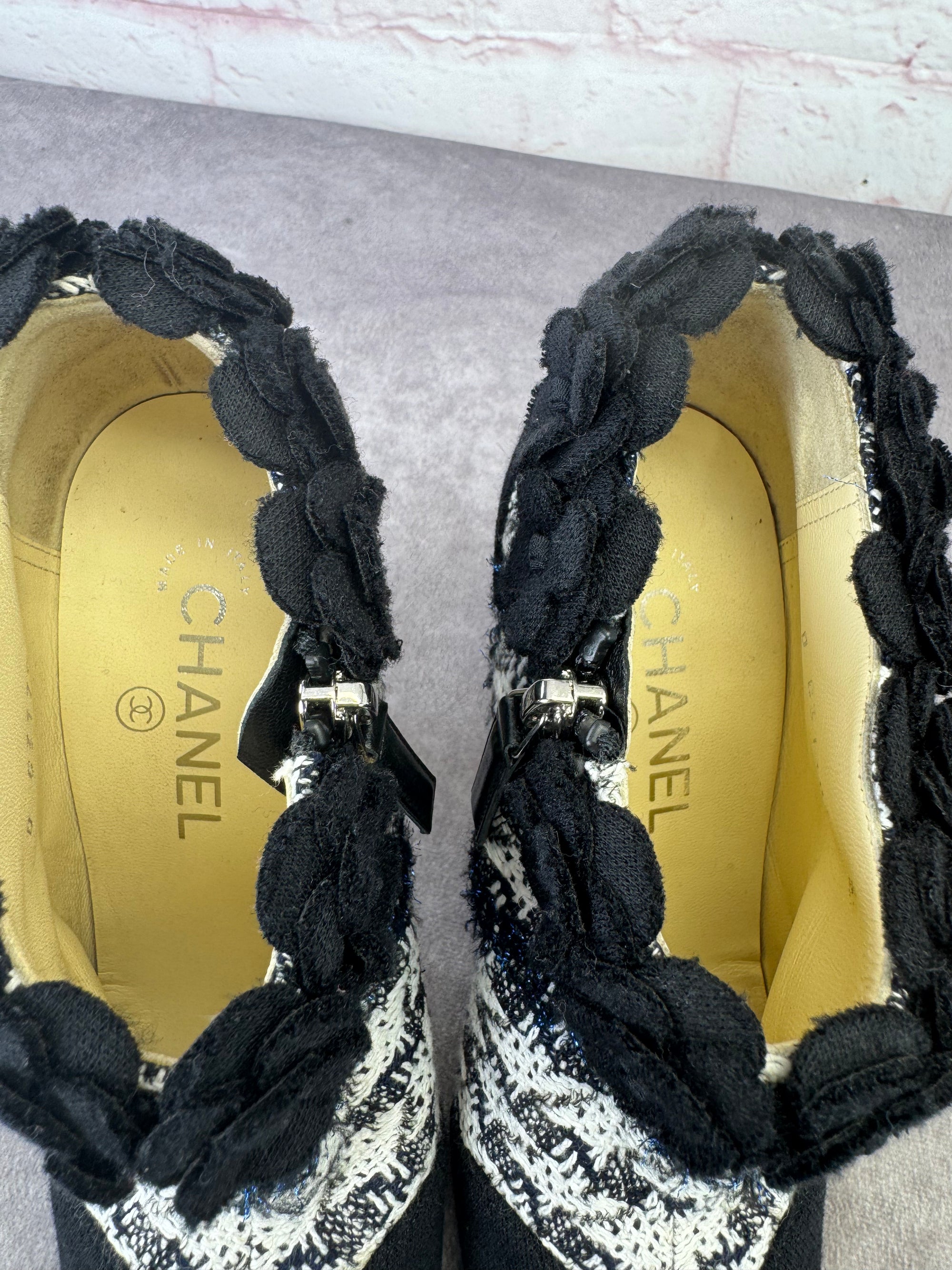 Chanel Coco Mark Tweed Camellia Heeled Booties 36