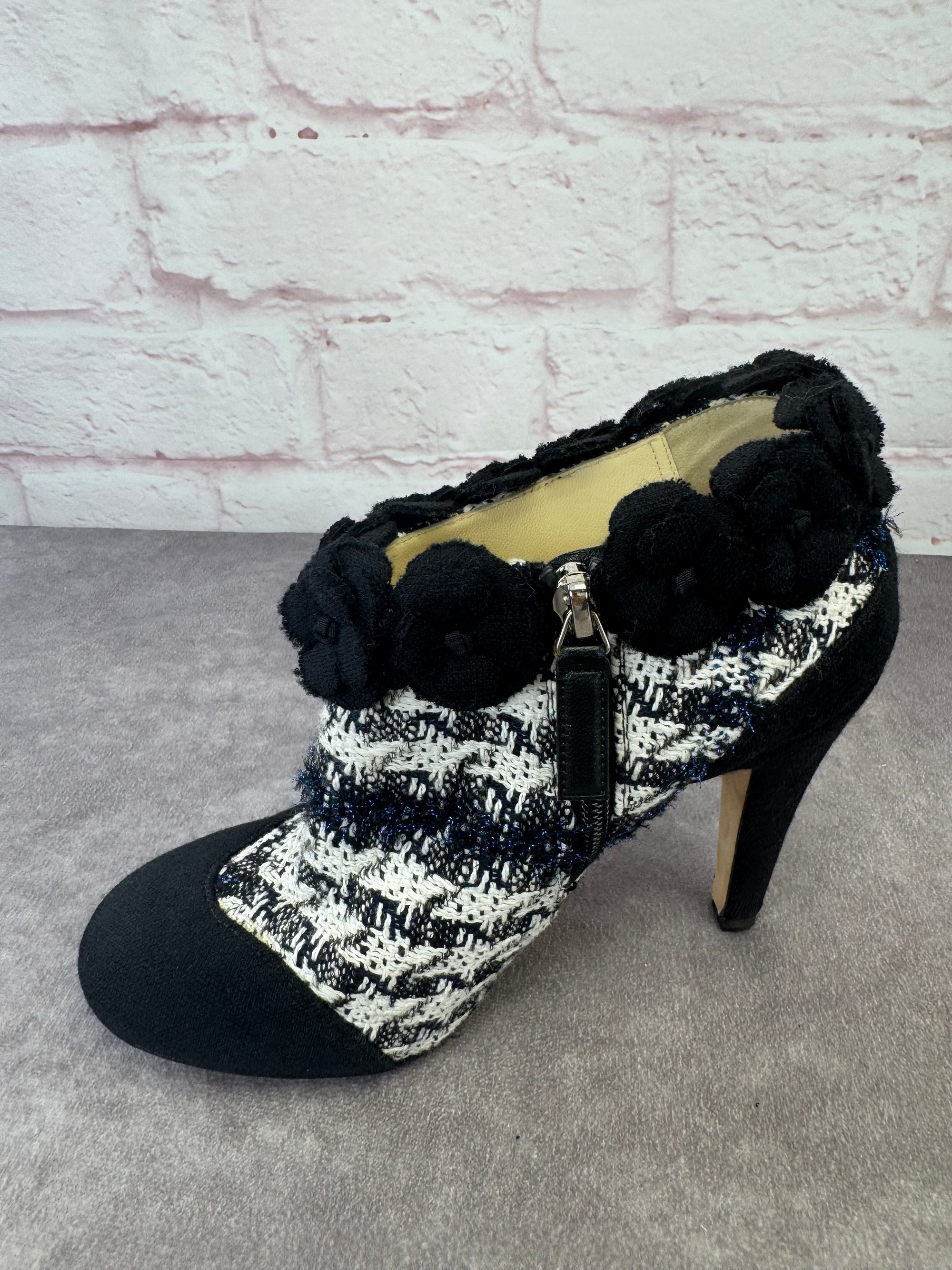 Chanel Coco Mark Tweed Camellia Heeled Booties 36
