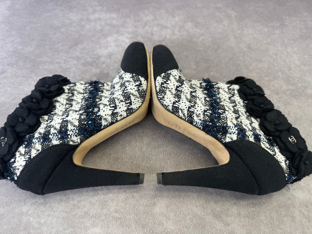 Chanel Coco Mark Tweed Camellia Heeled Booties 36