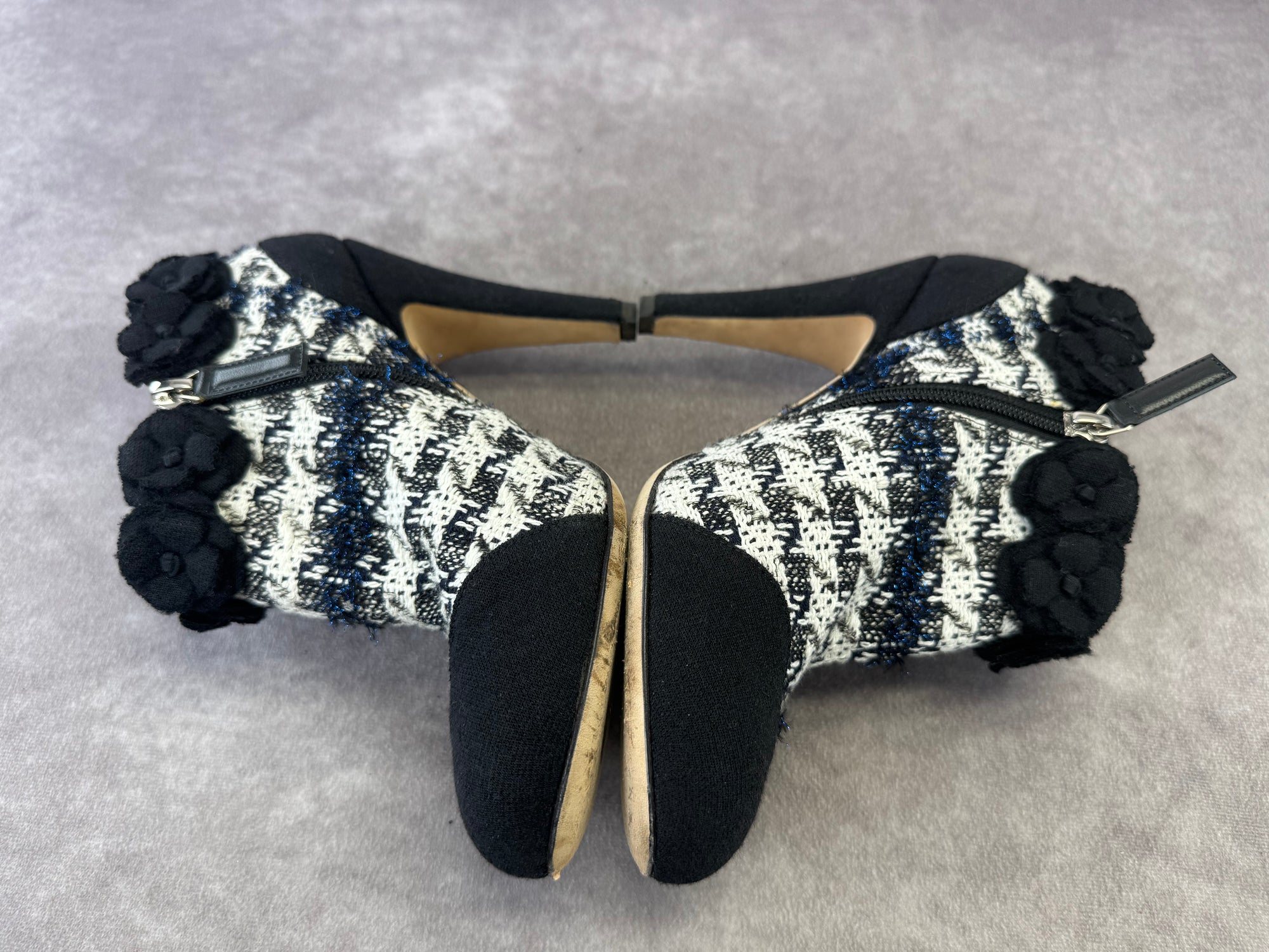 Chanel Coco Mark Tweed Camellia Heeled Booties 36