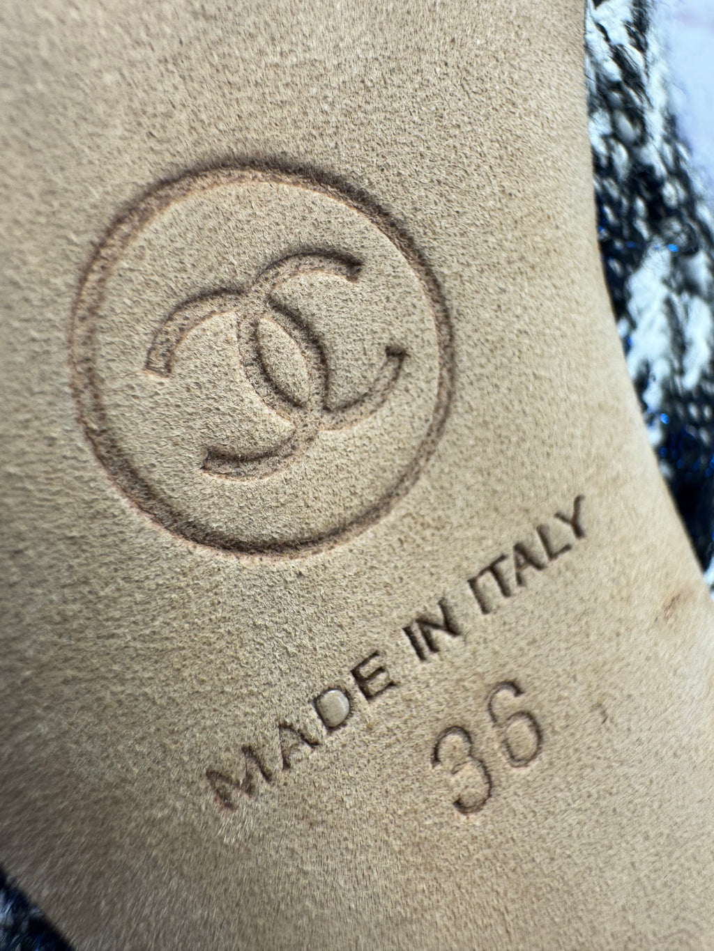 Chanel Coco Mark Tweed Camellia Heeled Booties 36