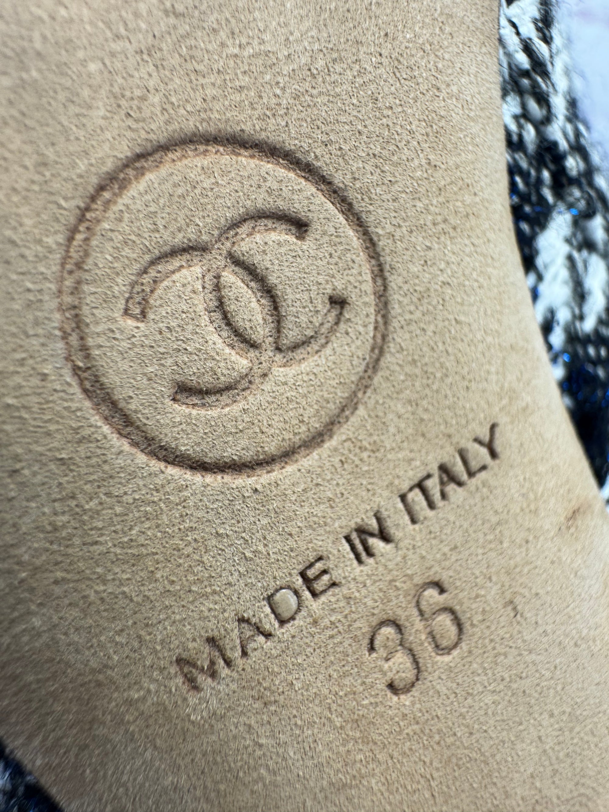 Chanel Coco Mark Tweed Camellia Heeled Booties 36