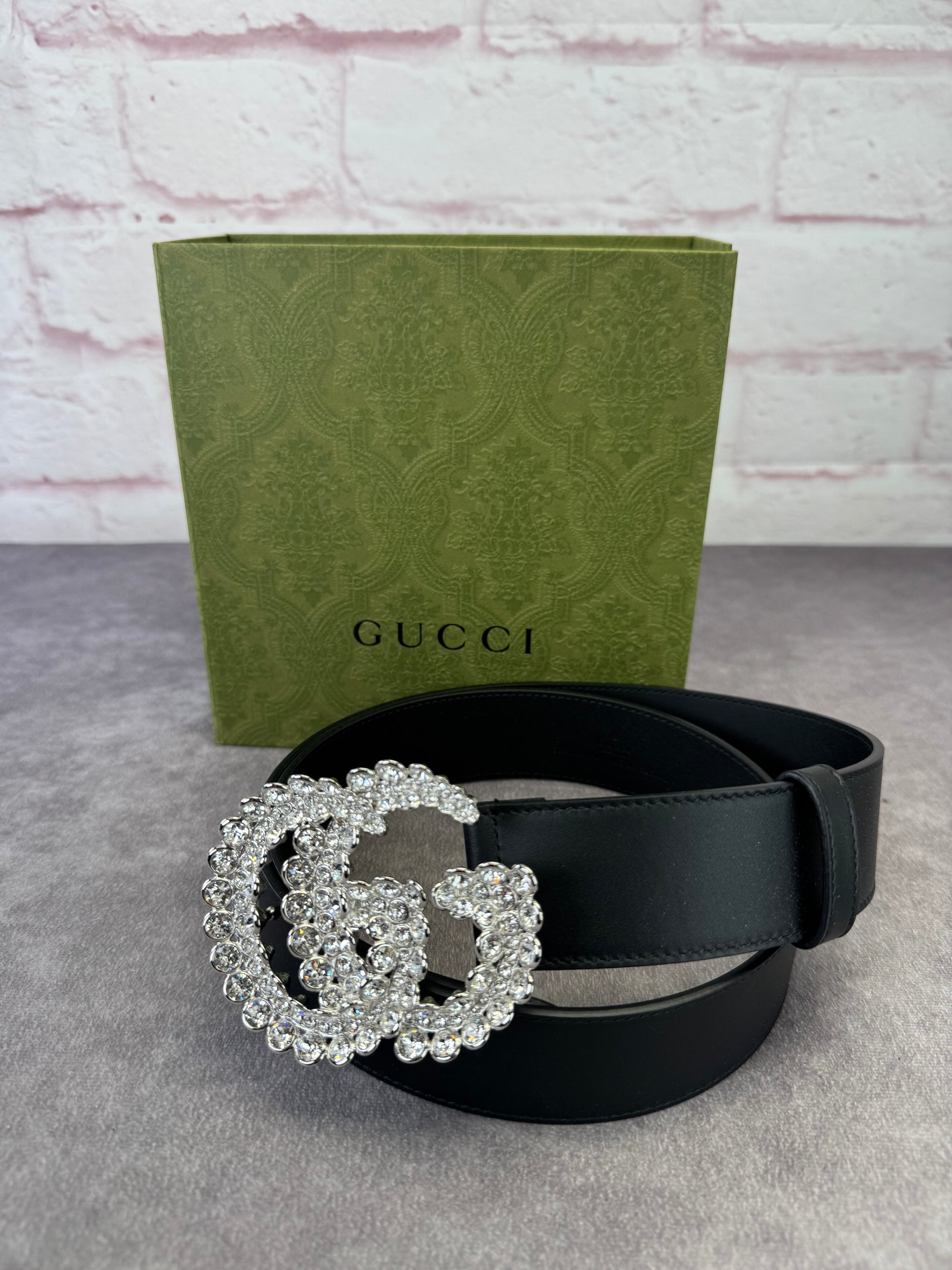 Gucci GG Marmont Crystal Wide Black Leather Belt