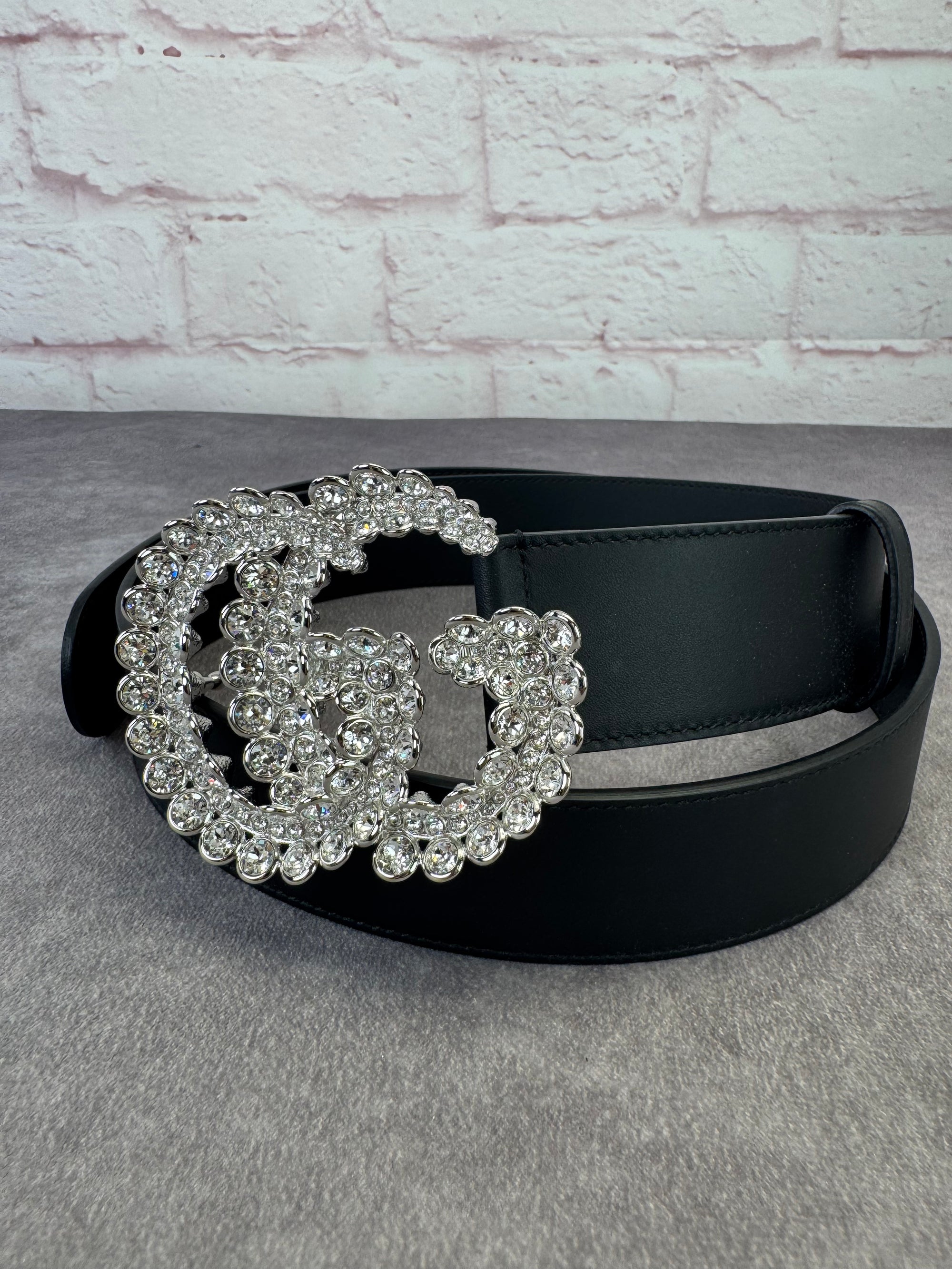 Gucci GG Marmont Crystal Wide Black Leather Belt