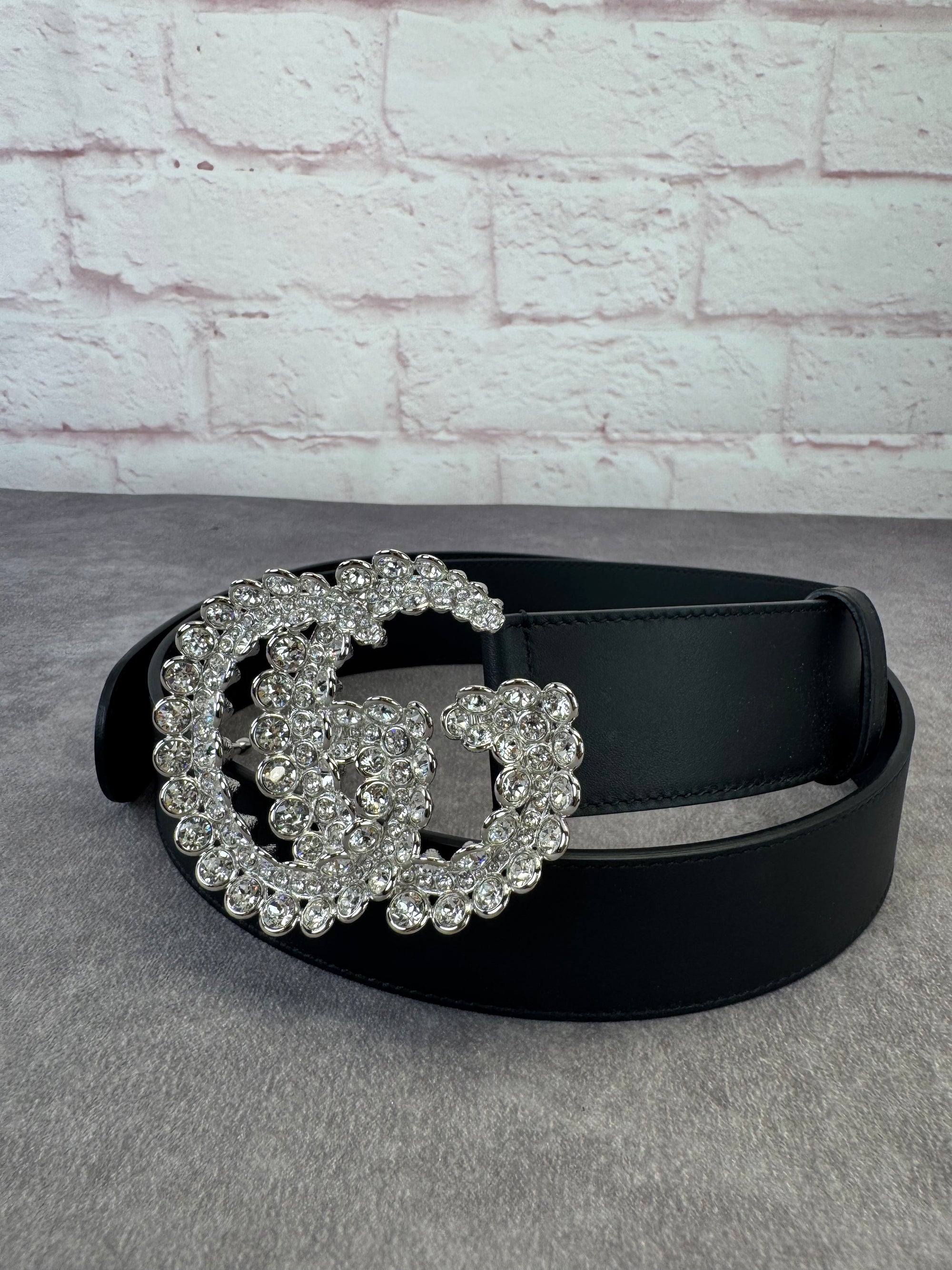 Gucci GG Marmont Crystal Wide Black Leather Belt