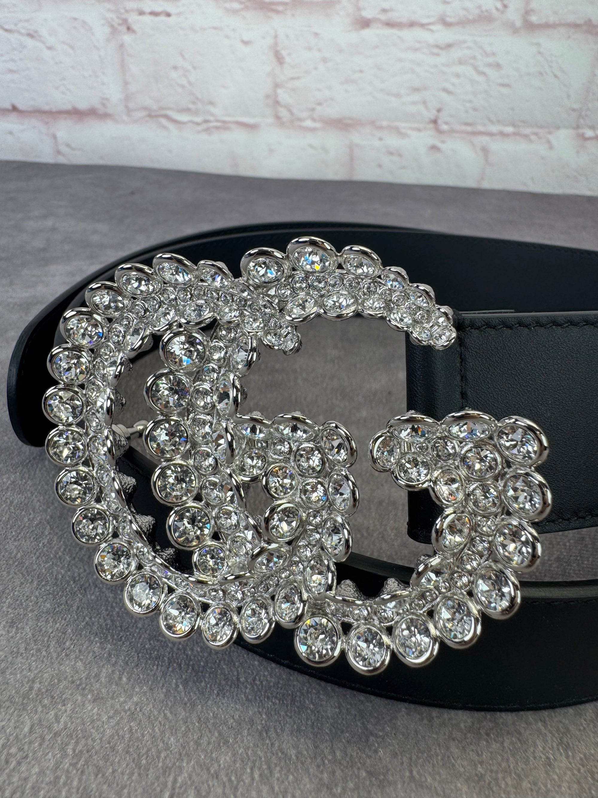 Gucci GG Marmont Crystal Wide Black Leather Belt