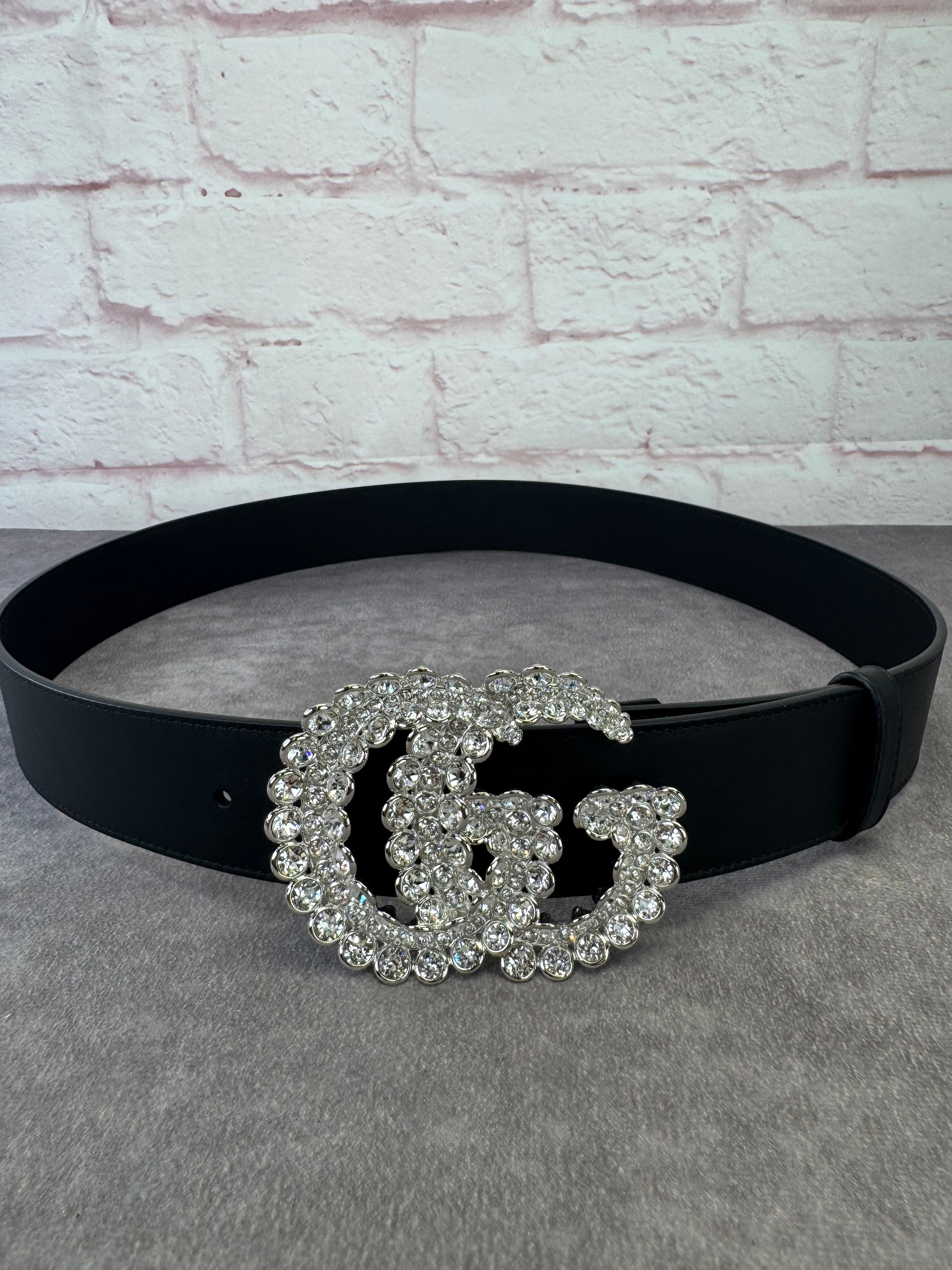 Gucci GG Marmont Crystal Wide Black Leather Belt