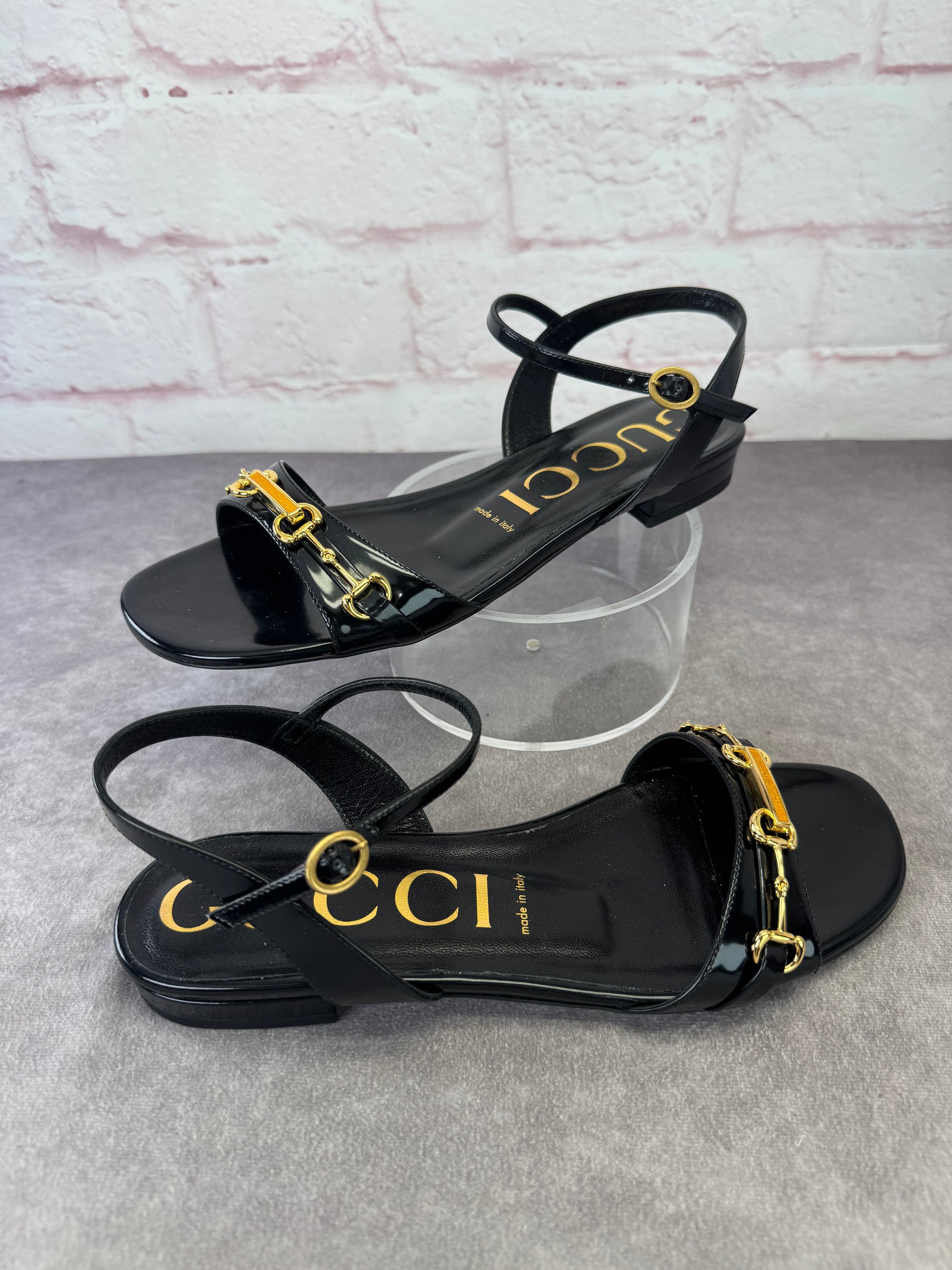 Gucci Horsebit Patent Leather Strappy Flat Sandals 38.5