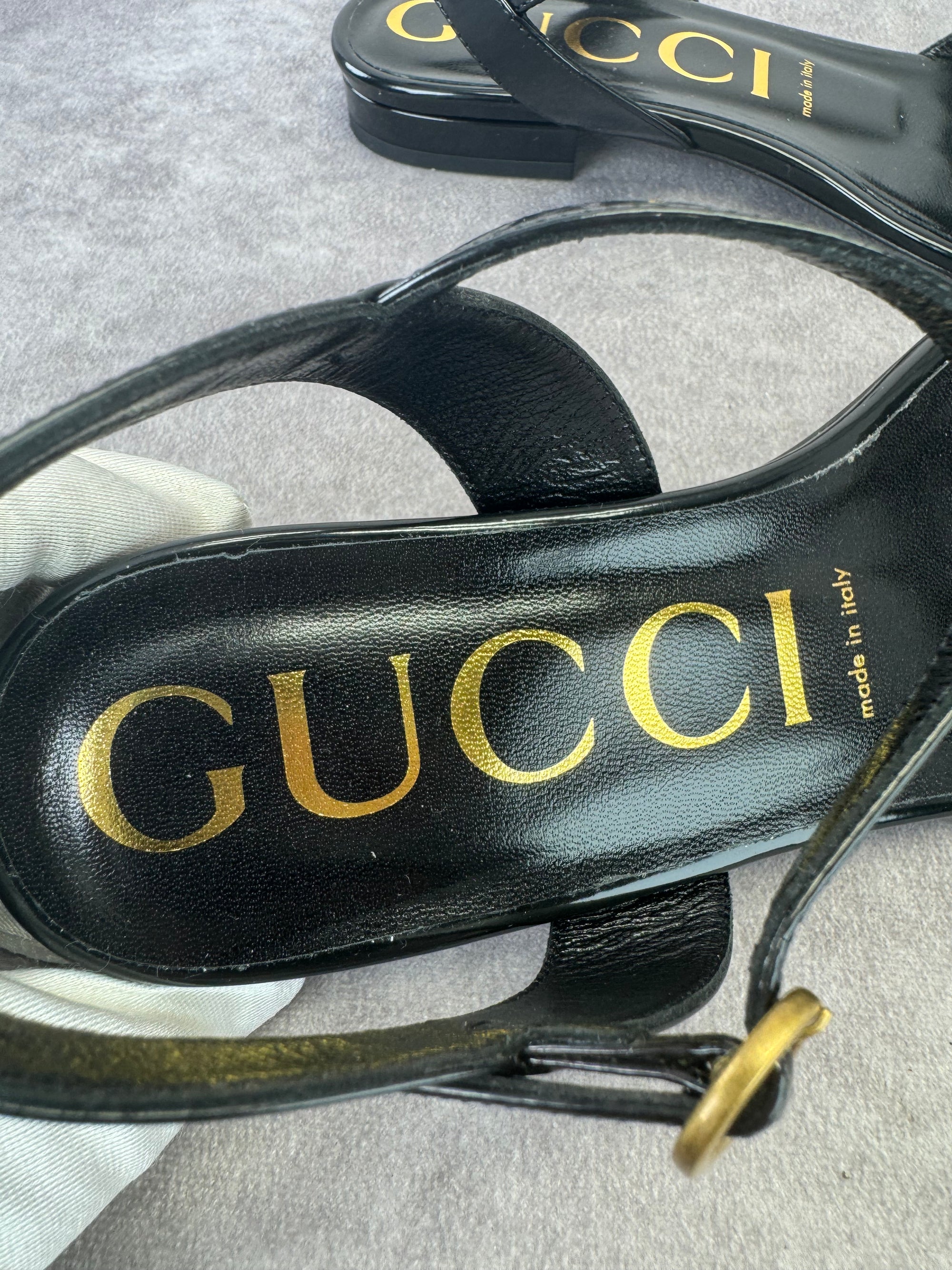 Gucci Horsebit Patent Leather Strappy Flat Sandals 38.5