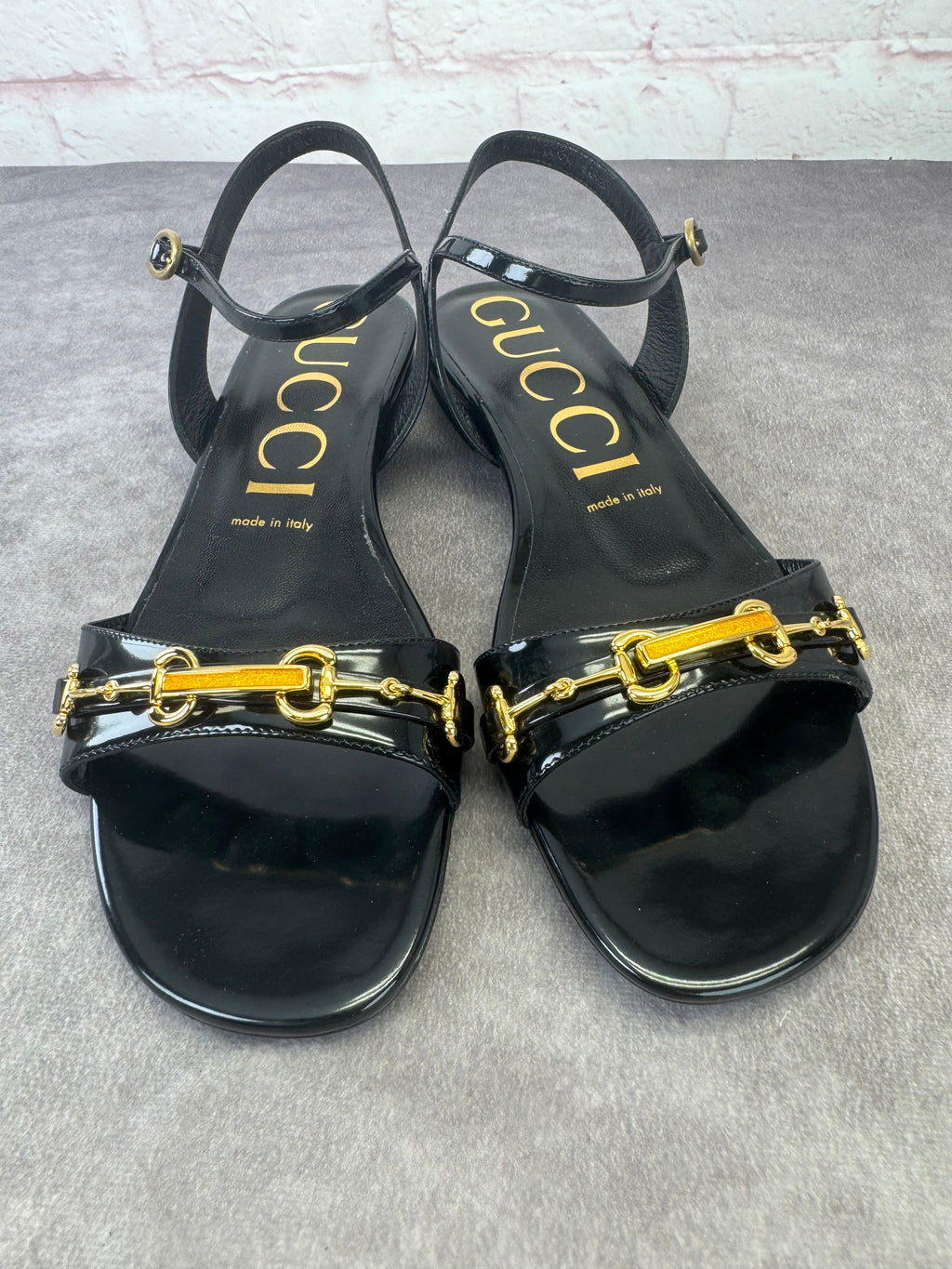 Gucci Horsebit Patent Leather Strappy Flat Sandals 38.5