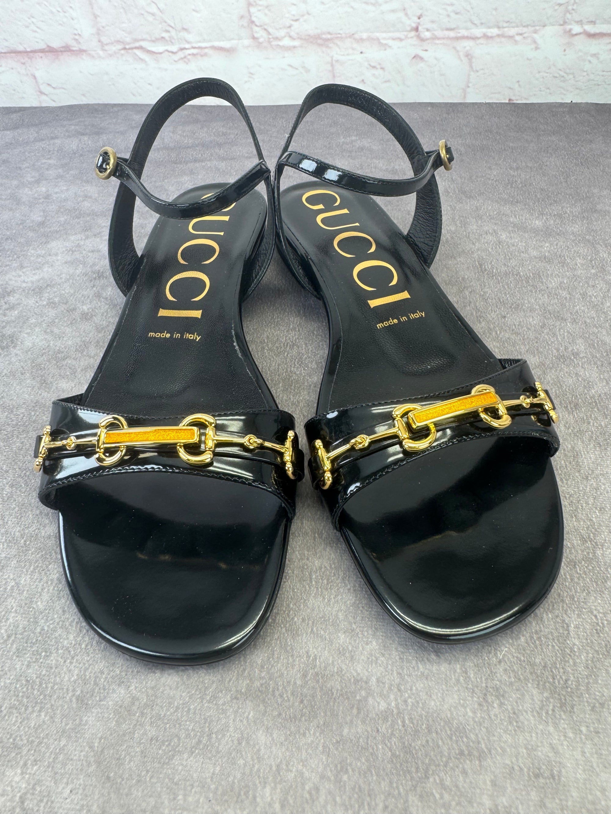 Gucci Horsebit Patent Leather Strappy Flat Sandals 38.5