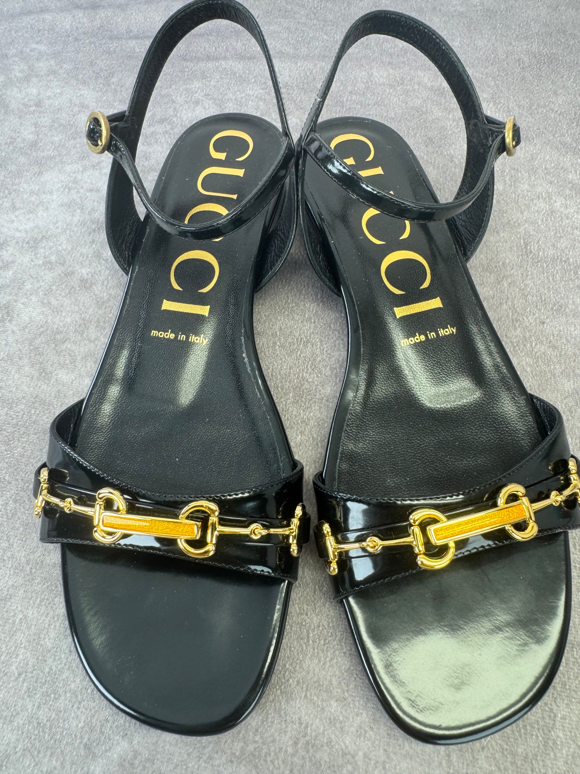 Gucci Horsebit Patent Leather Strappy Flat Sandals 38.5