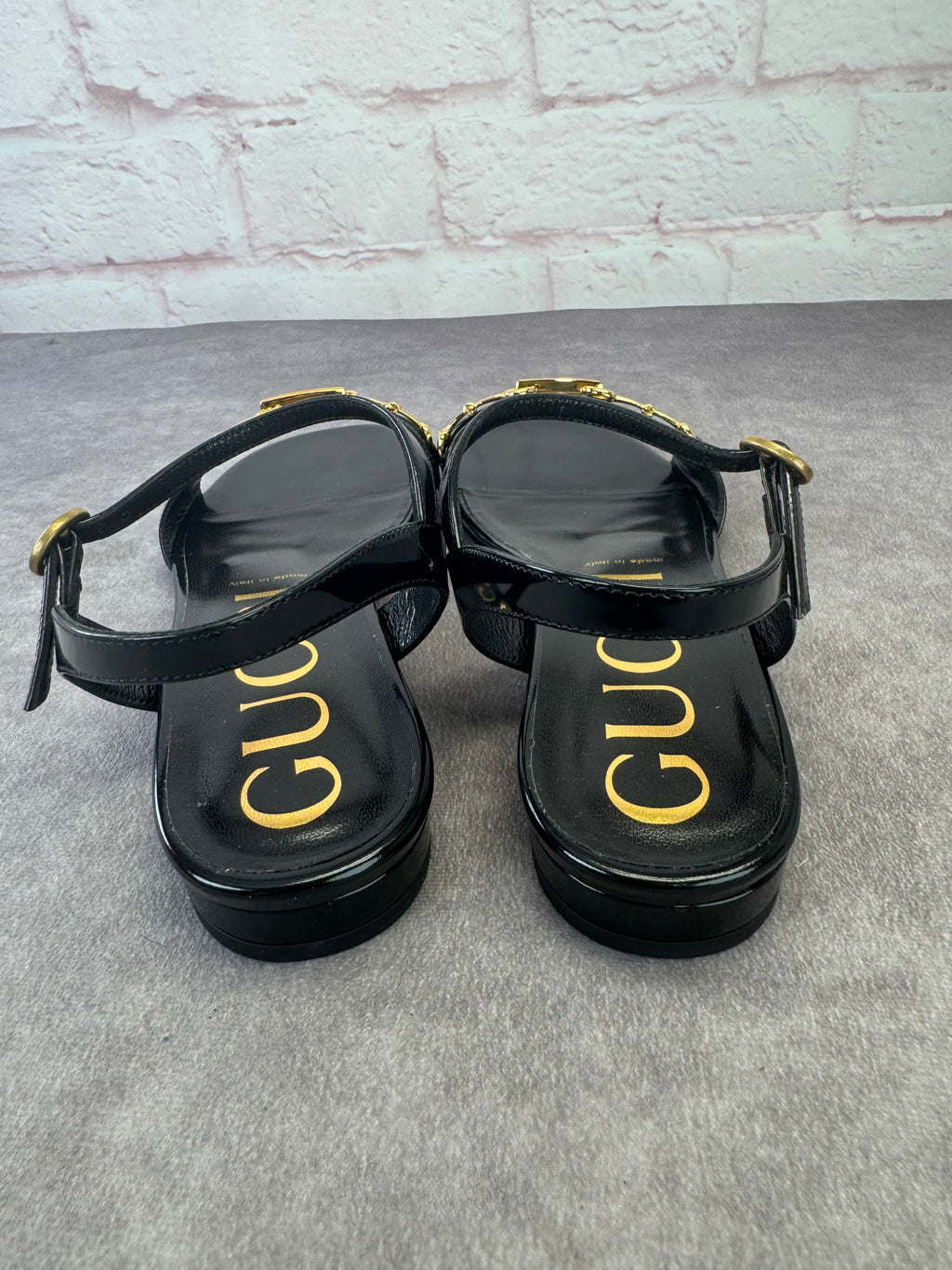 Gucci Horsebit Patent Leather Strappy Flat Sandals 38.5