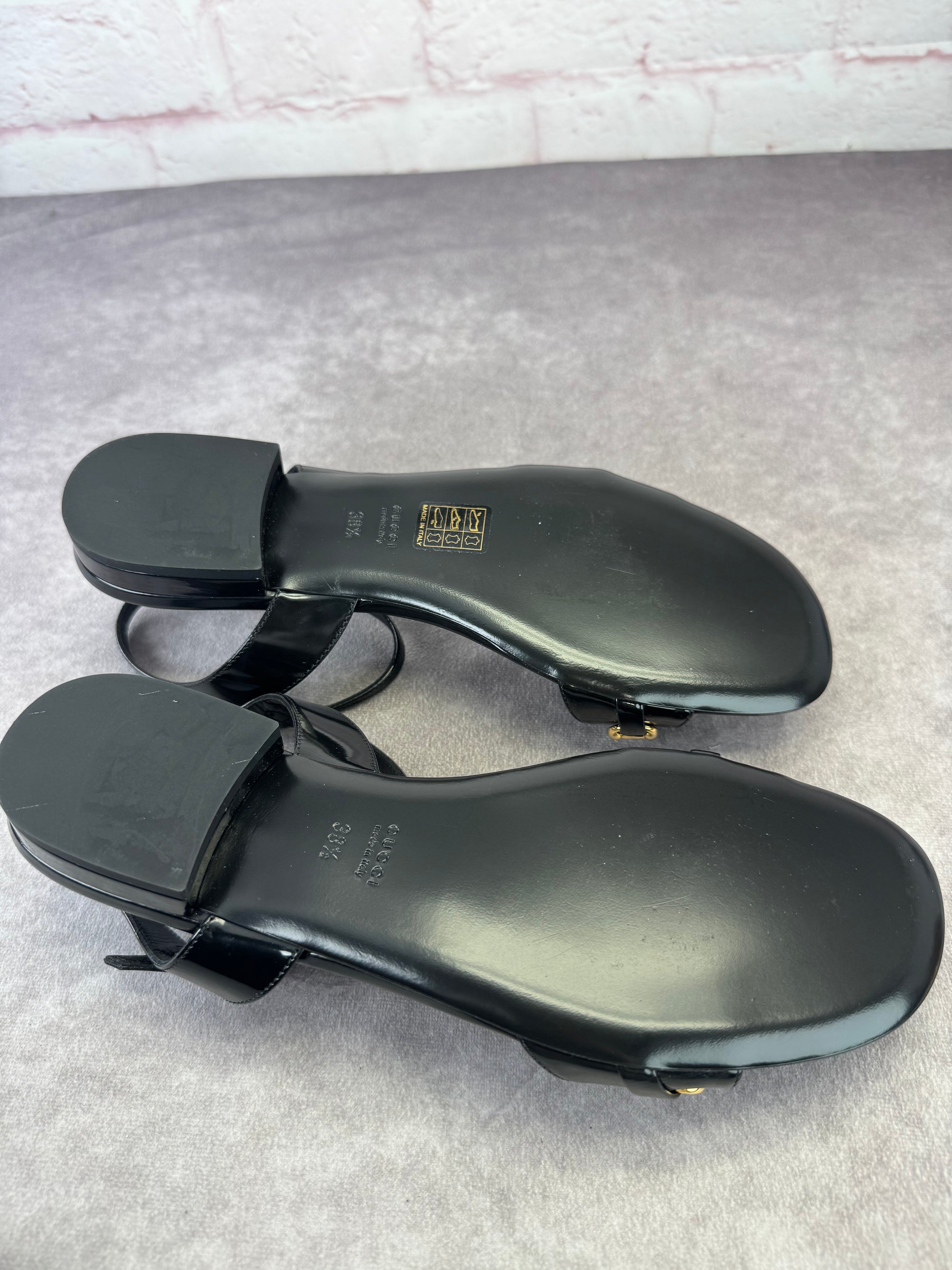 Gucci Horsebit Patent Leather Strappy Flat Sandals 38.5