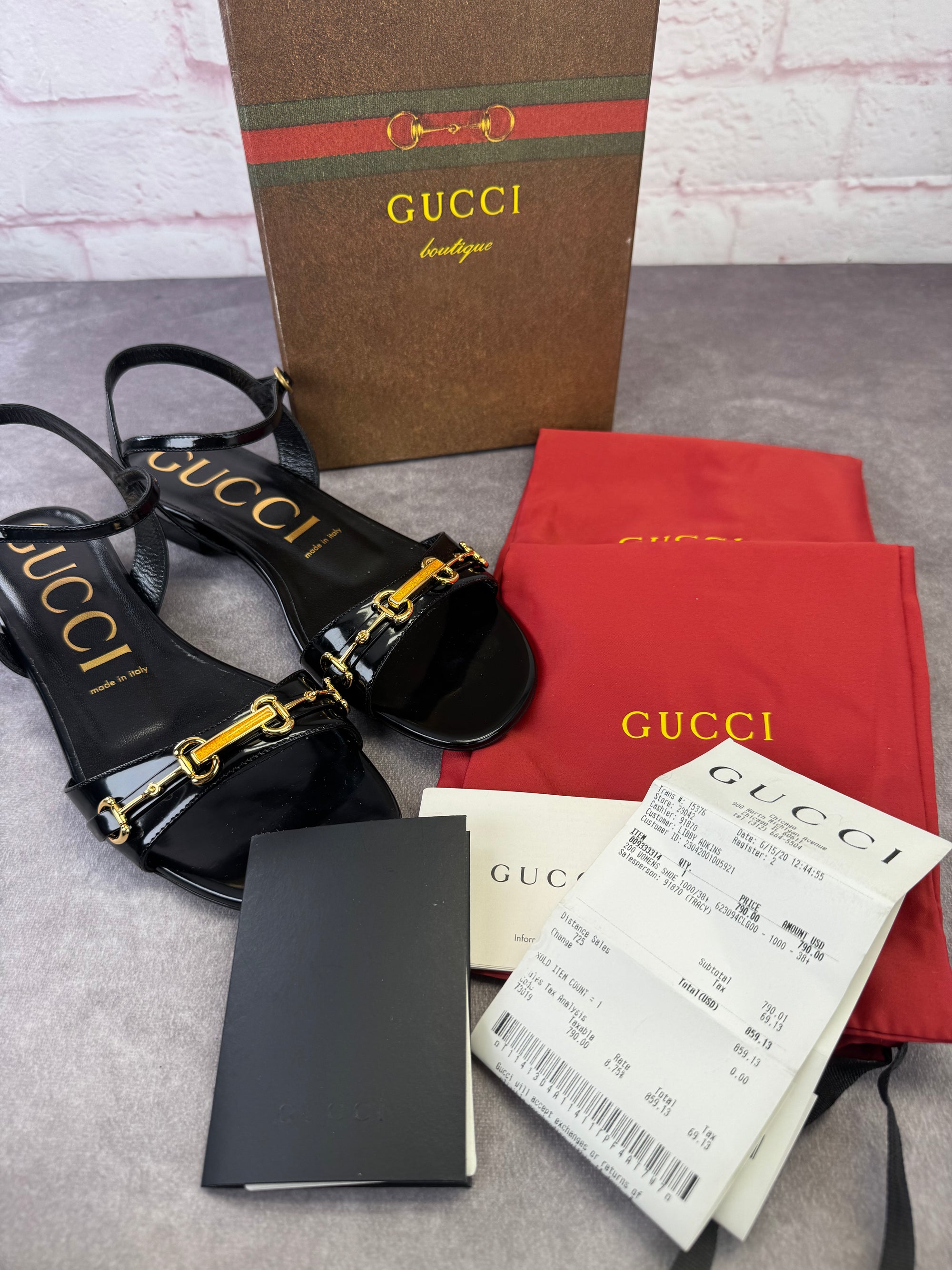 Gucci Horsebit Patent Leather Strappy Flat Sandals 38.5