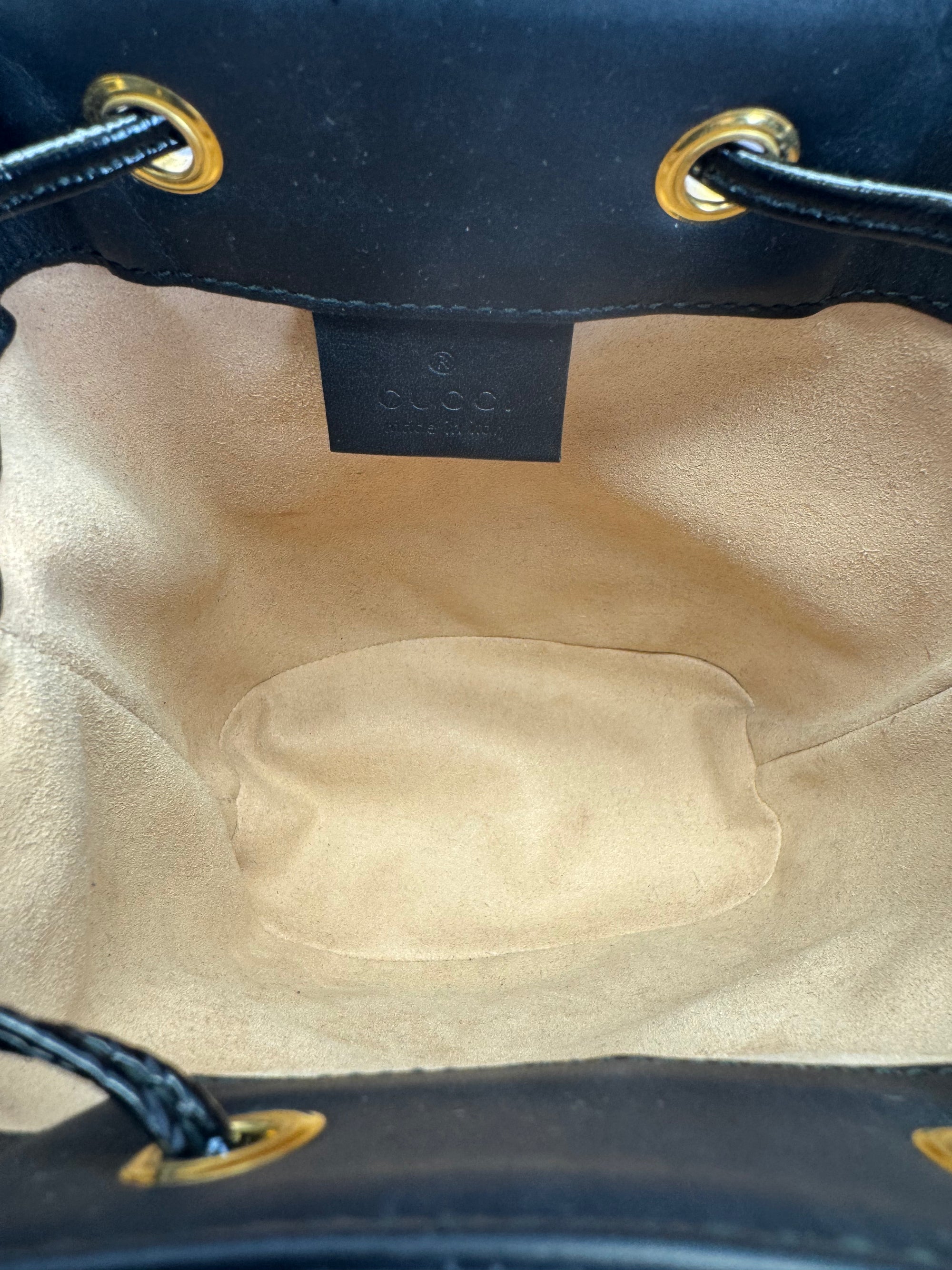 Gucci Ophidia Black Suede Web Drawstring Bucket Crossbody