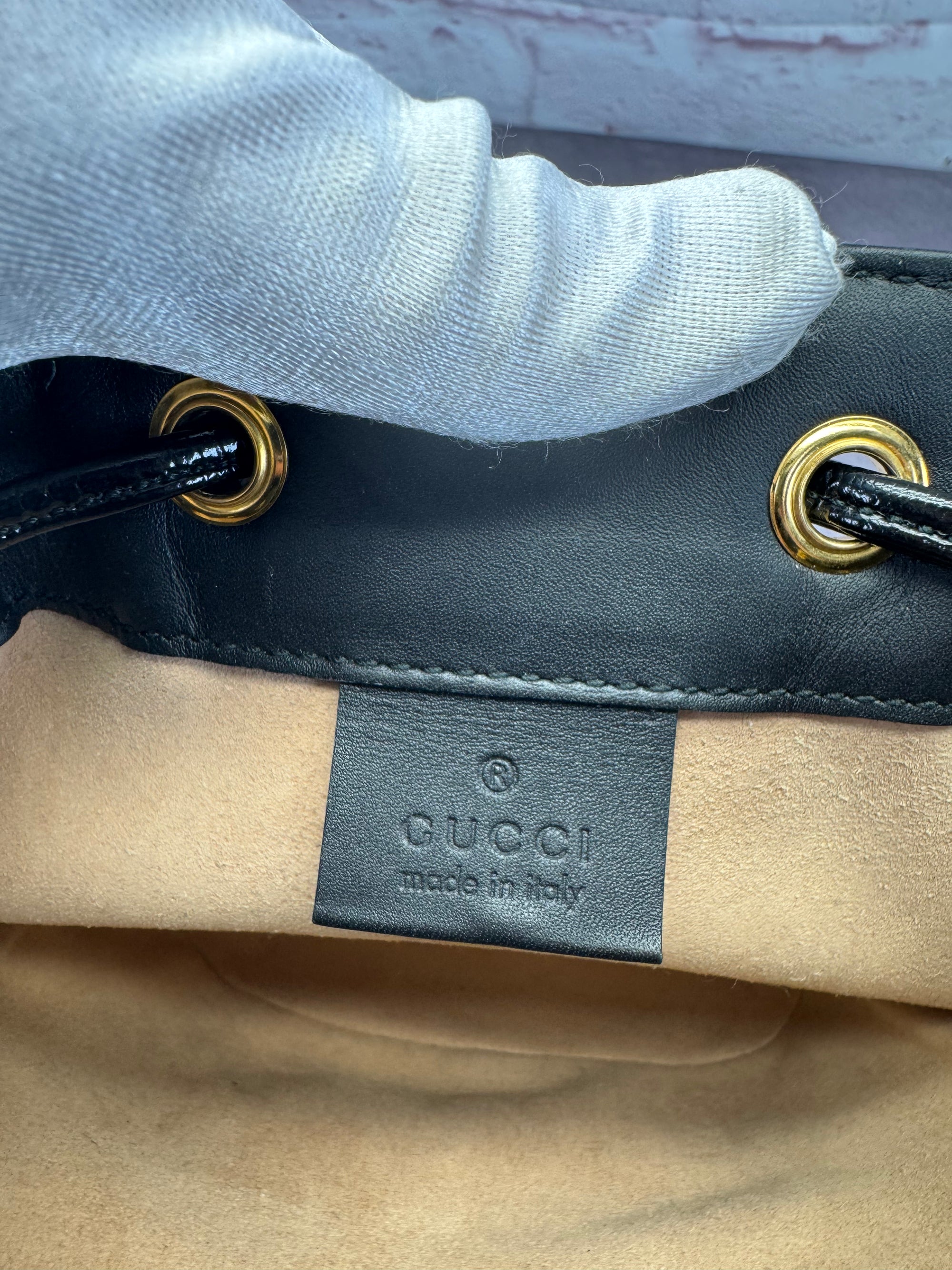 Gucci Ophidia Black Suede Web Drawstring Bucket Crossbody