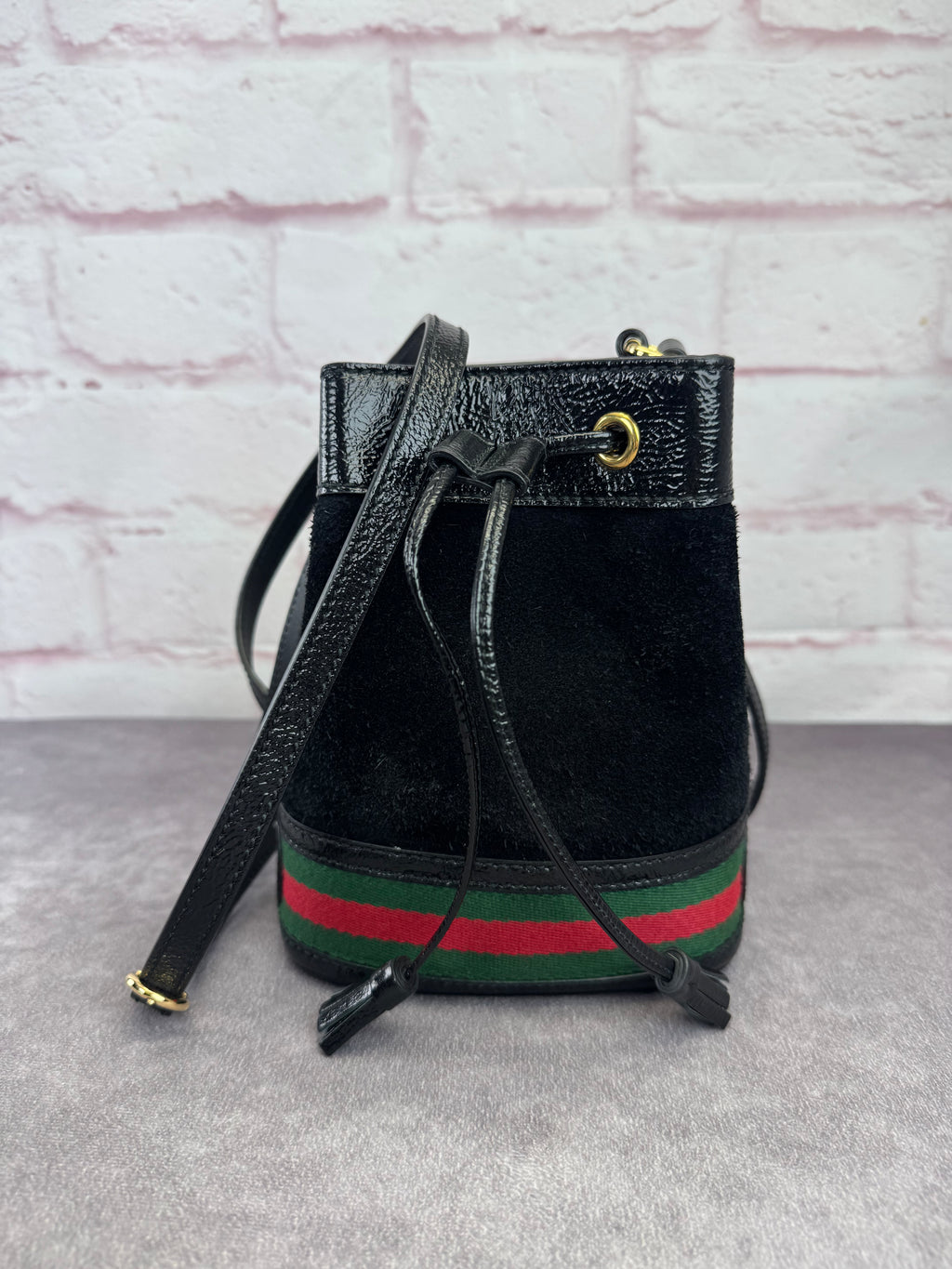 Gucci Ophidia Black Suede Web Drawstring Bucket Crossbody