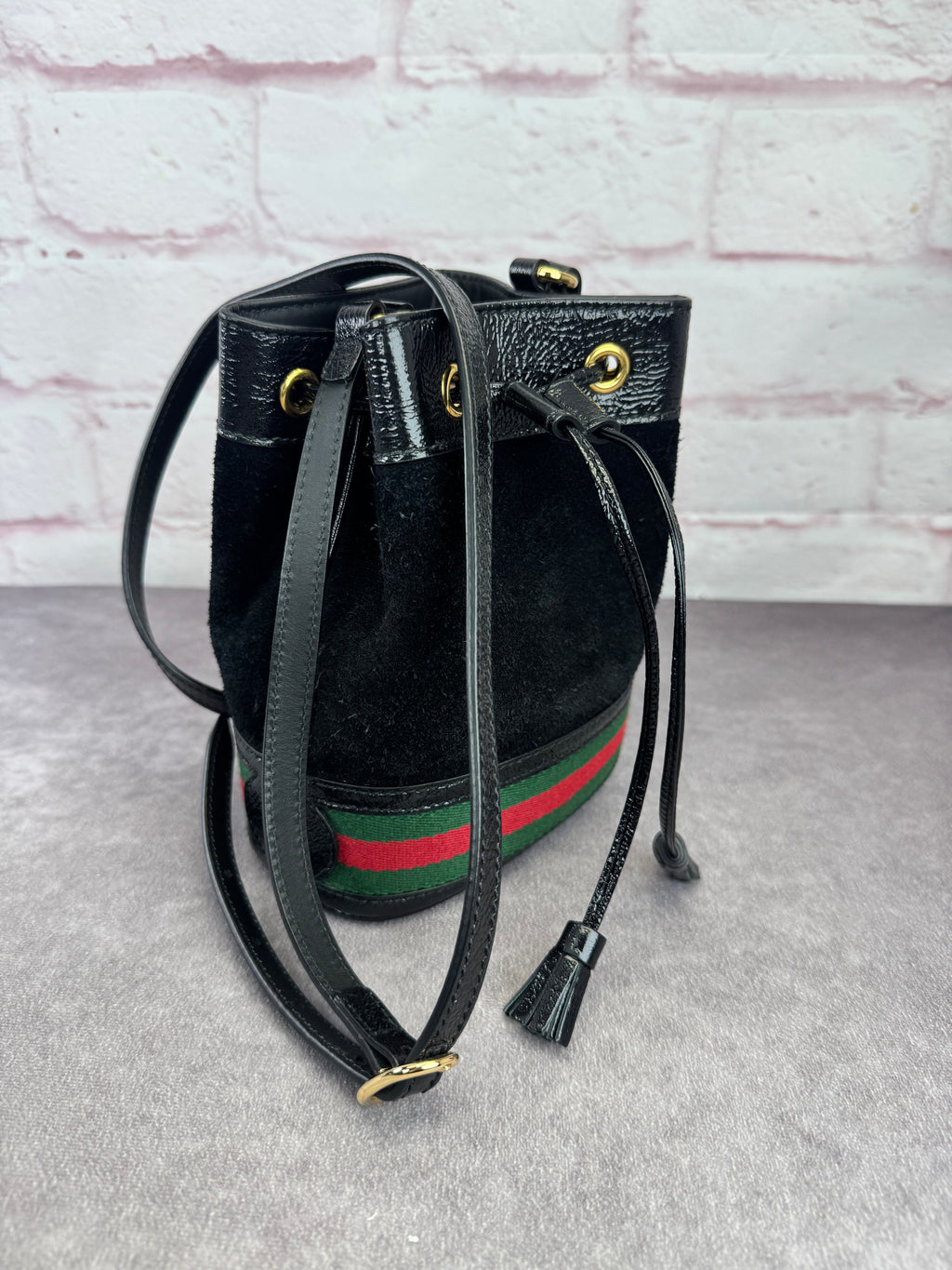 Gucci Ophidia Black Suede Web Drawstring Bucket Crossbody