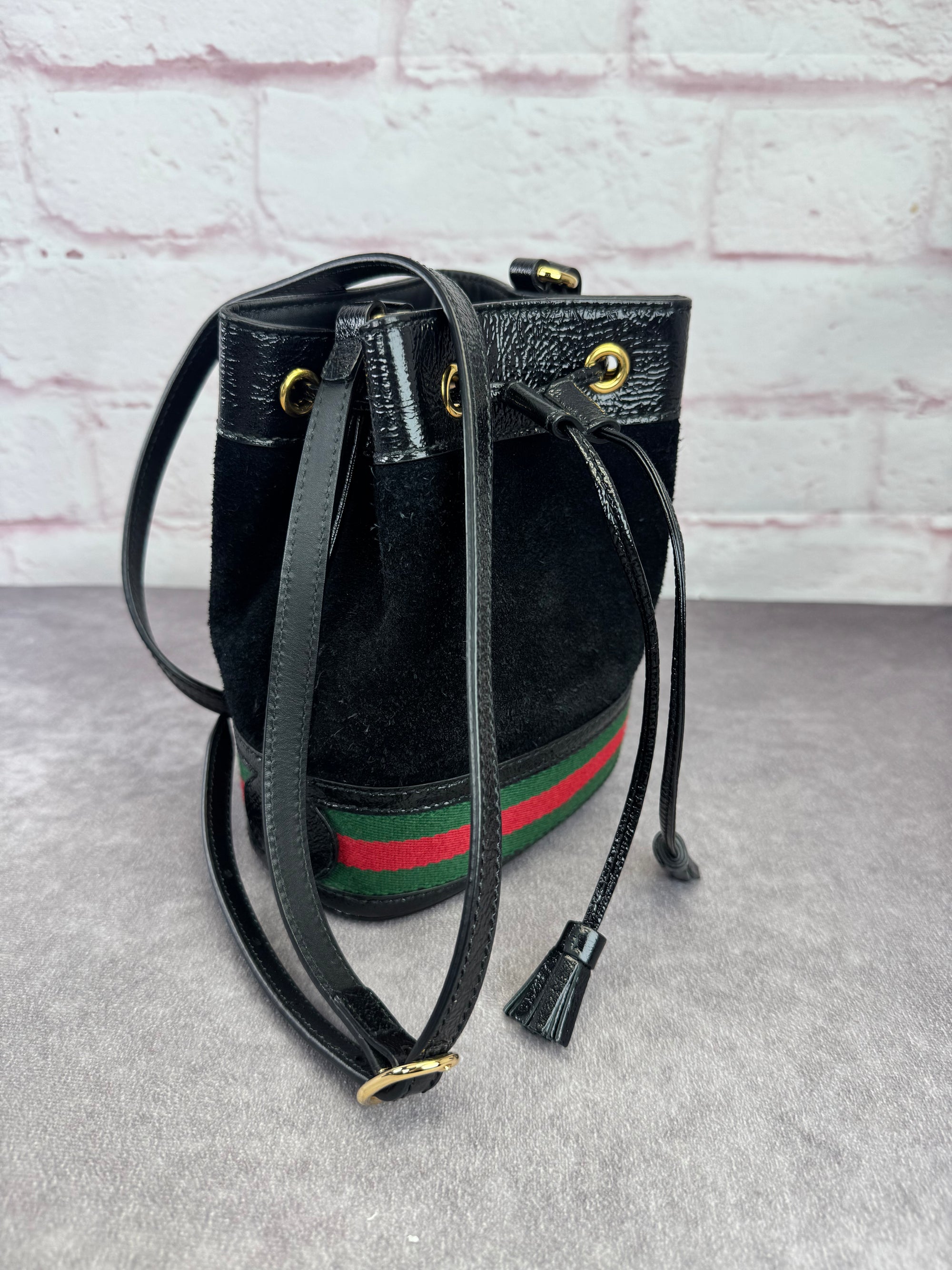 Gucci Ophidia Black Suede Web Drawstring Bucket Crossbody