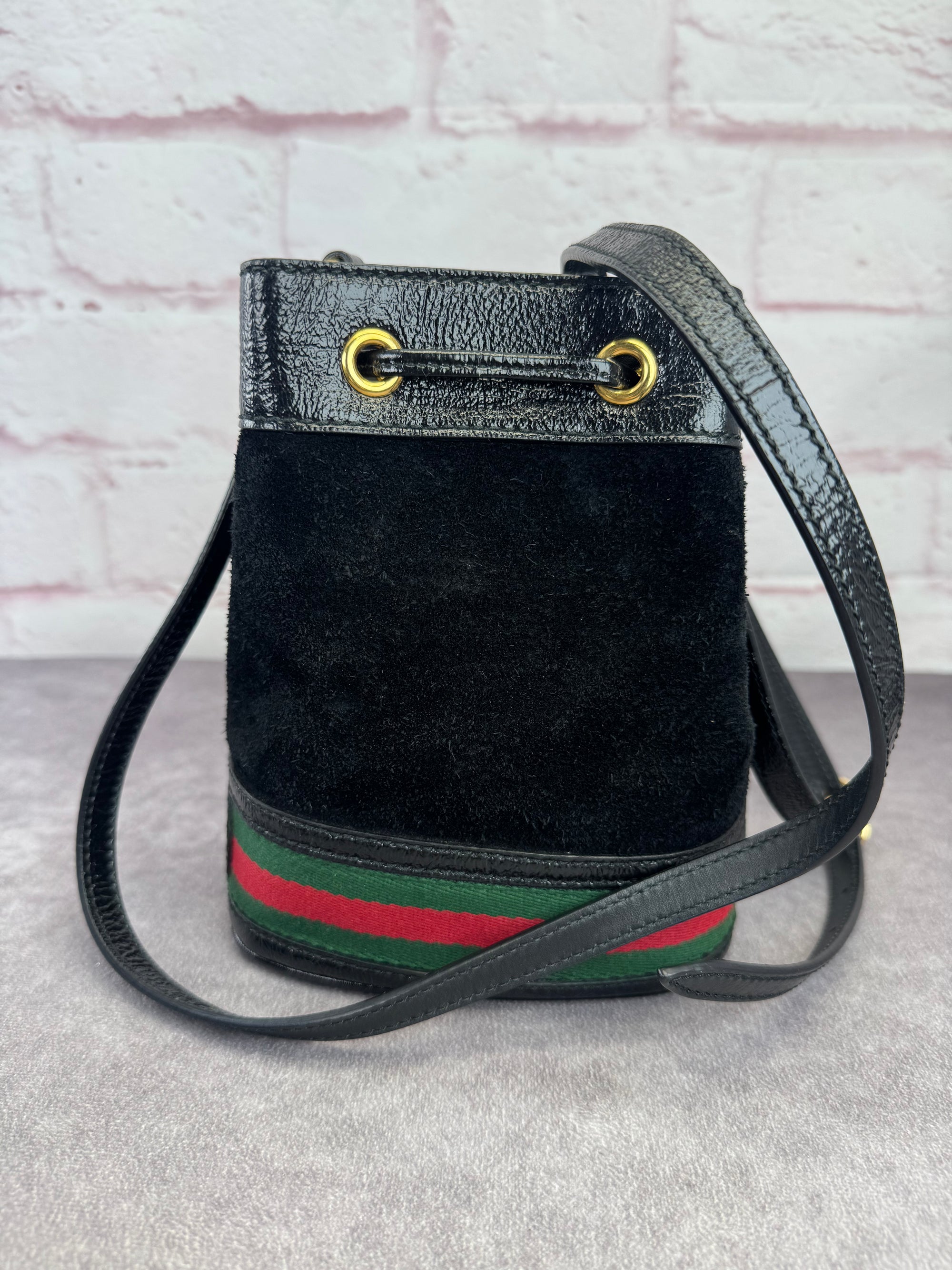 Gucci Ophidia Black Suede Web Drawstring Bucket Crossbody