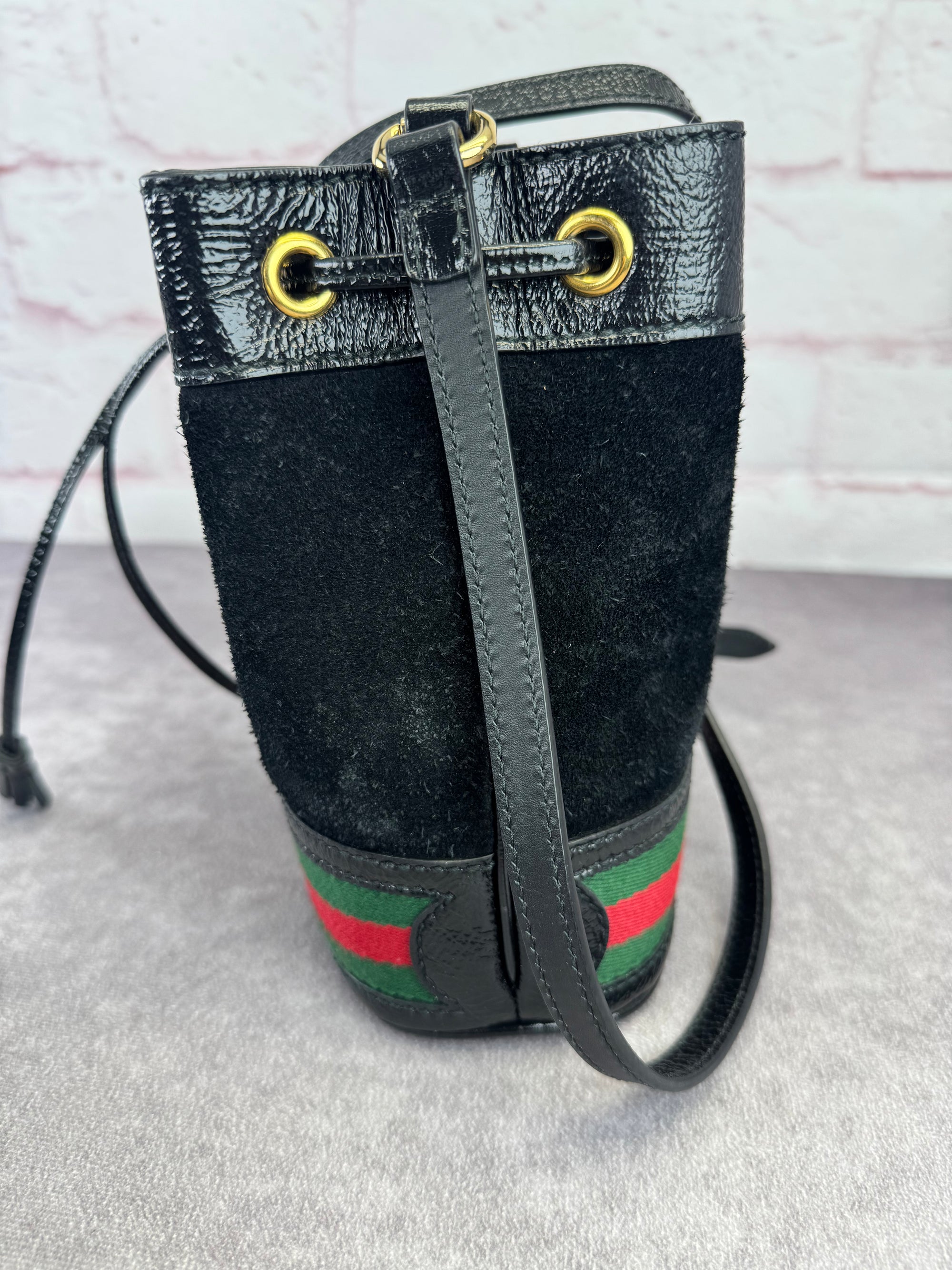 Gucci Ophidia Black Suede Web Drawstring Bucket Crossbody