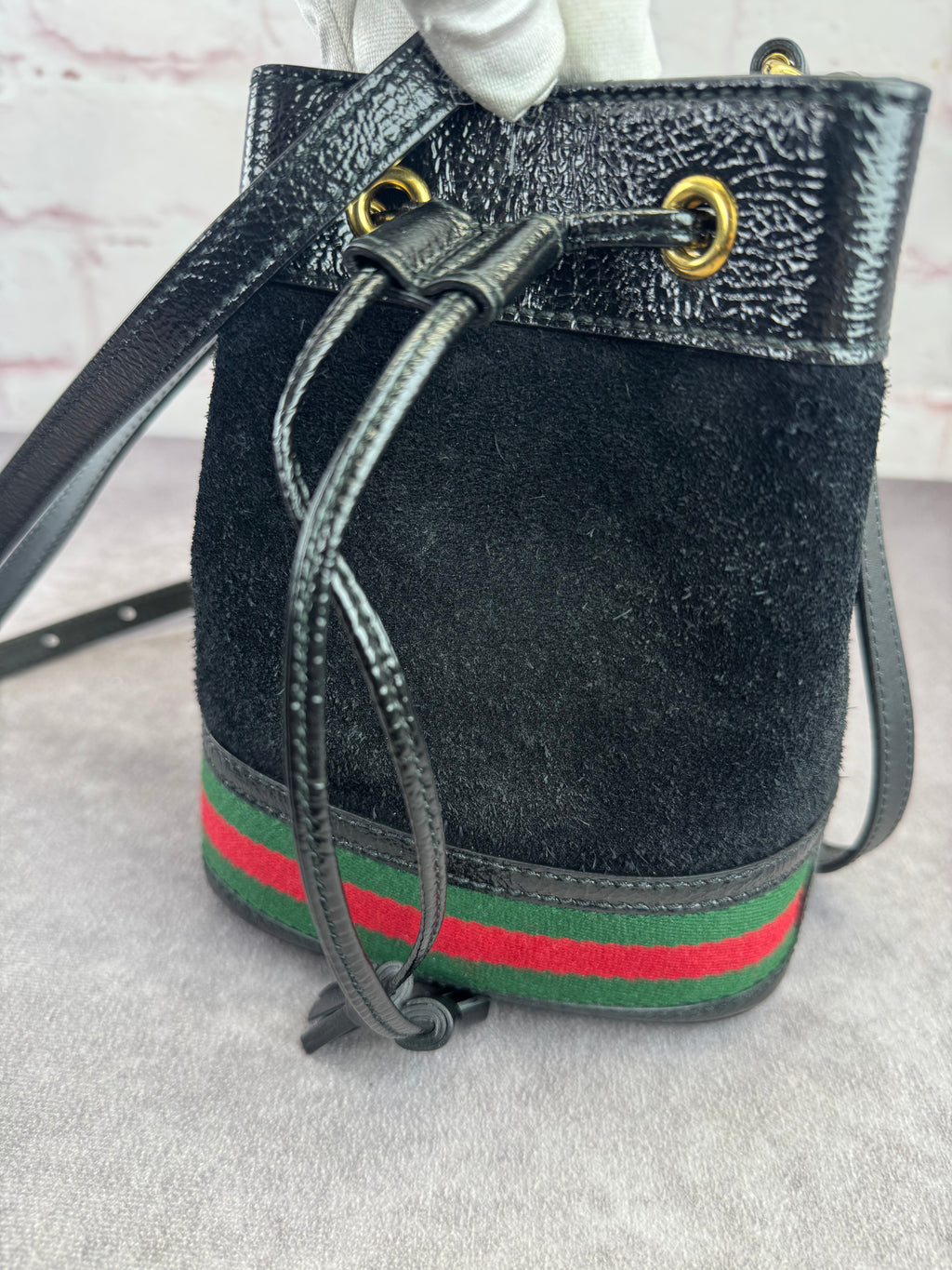 Gucci Ophidia Black Suede Web Drawstring Bucket Crossbody