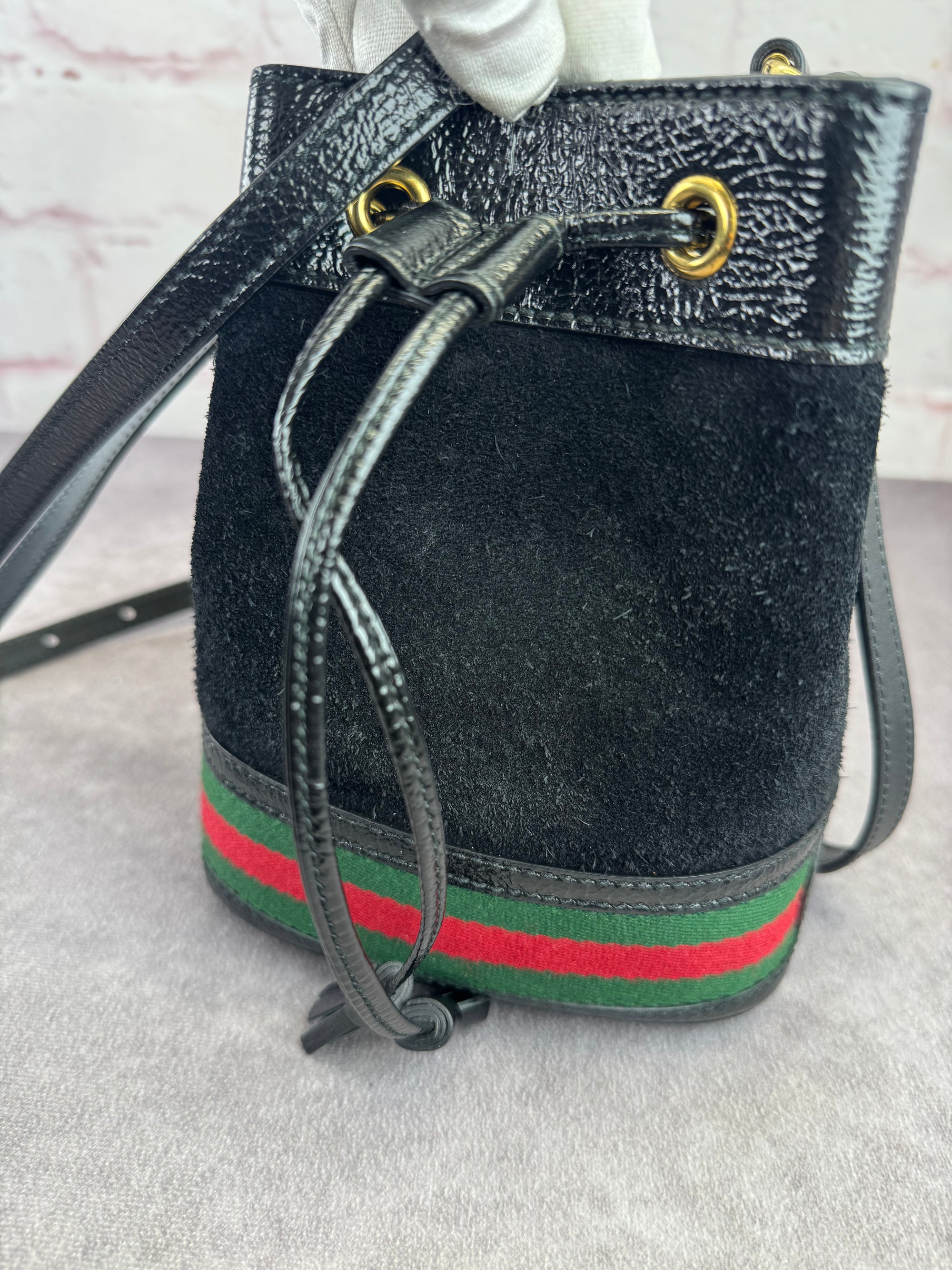 Gucci Ophidia Black Suede Web Drawstring Bucket Crossbody