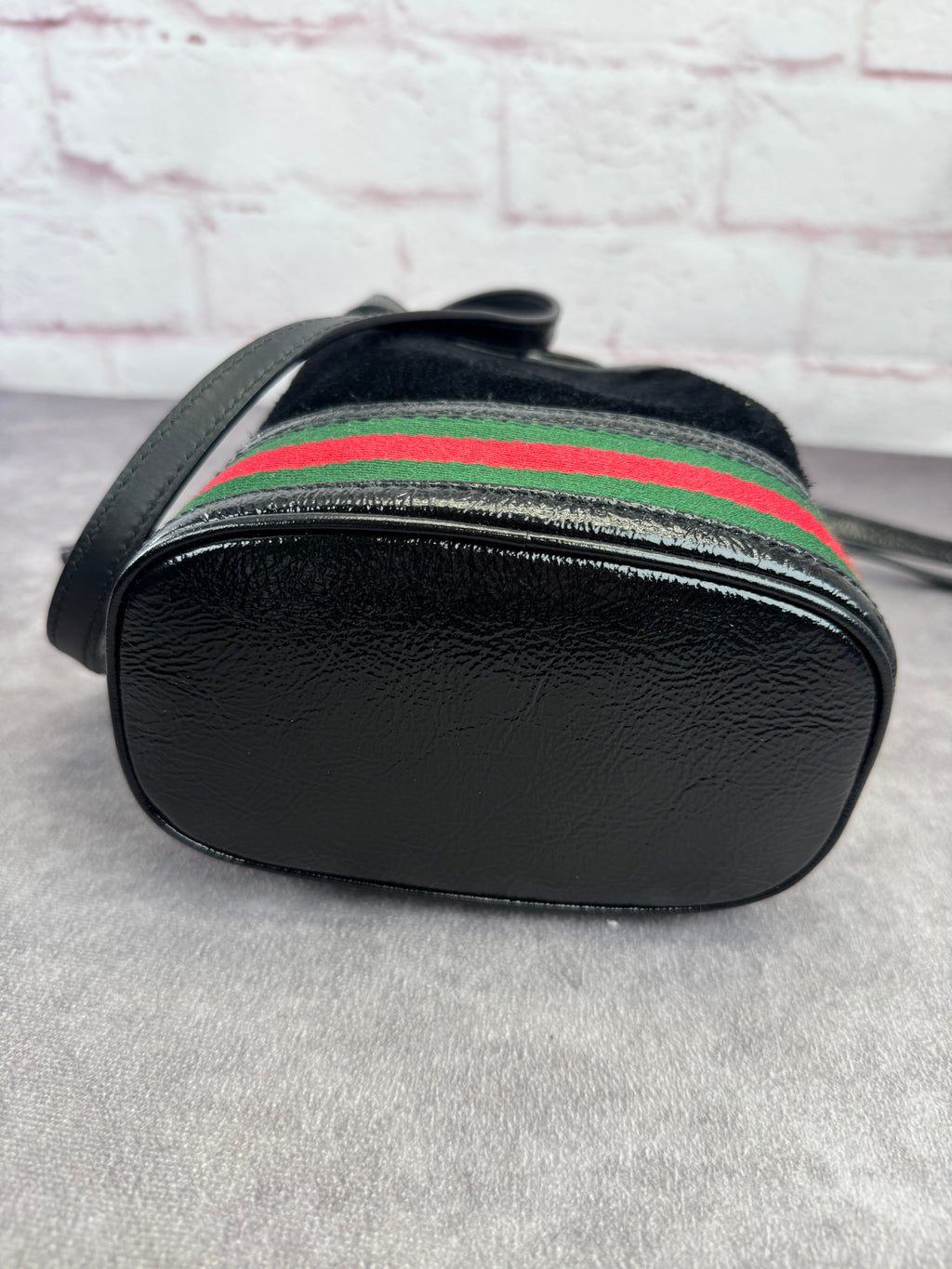 Gucci Ophidia Black Suede Web Drawstring Bucket Crossbody