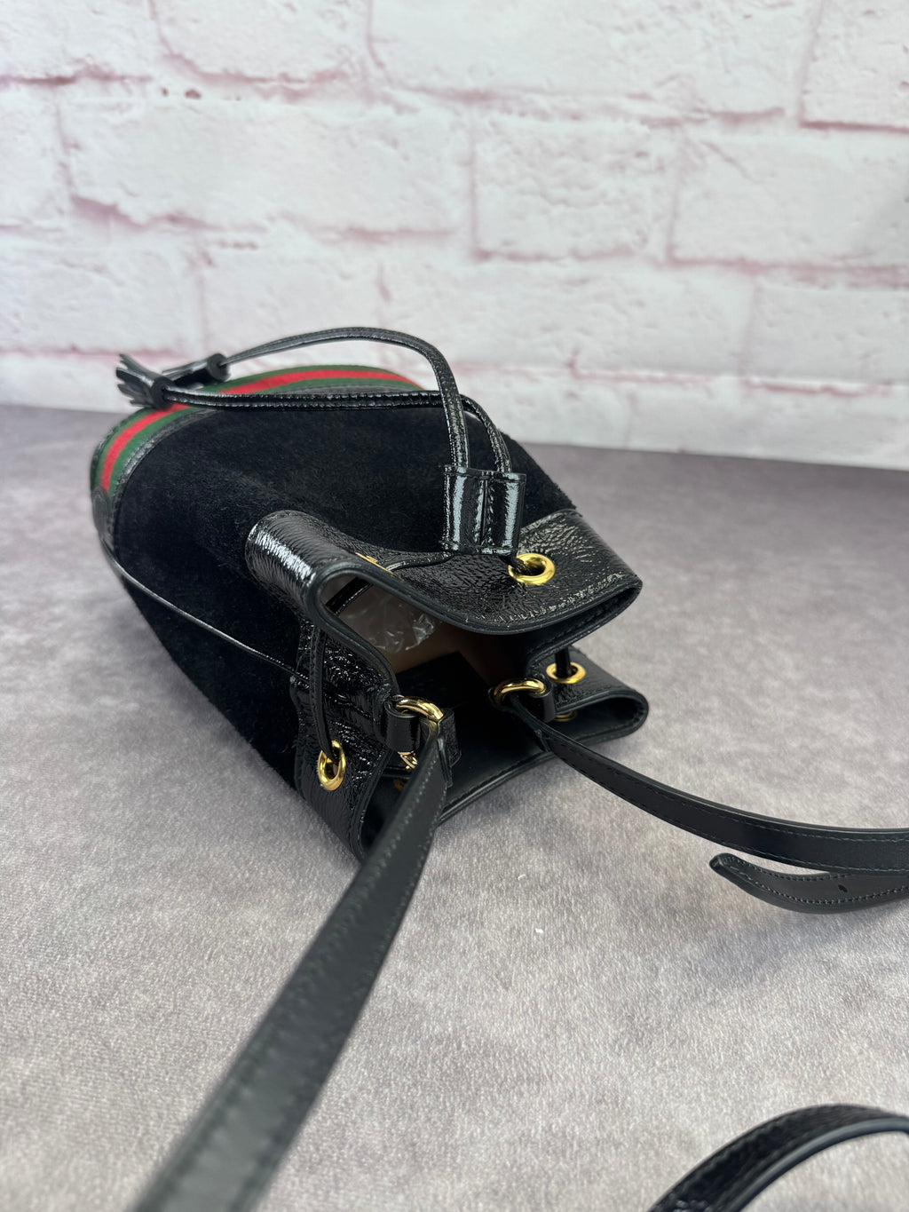 Gucci Ophidia Black Suede Web Drawstring Bucket Crossbody