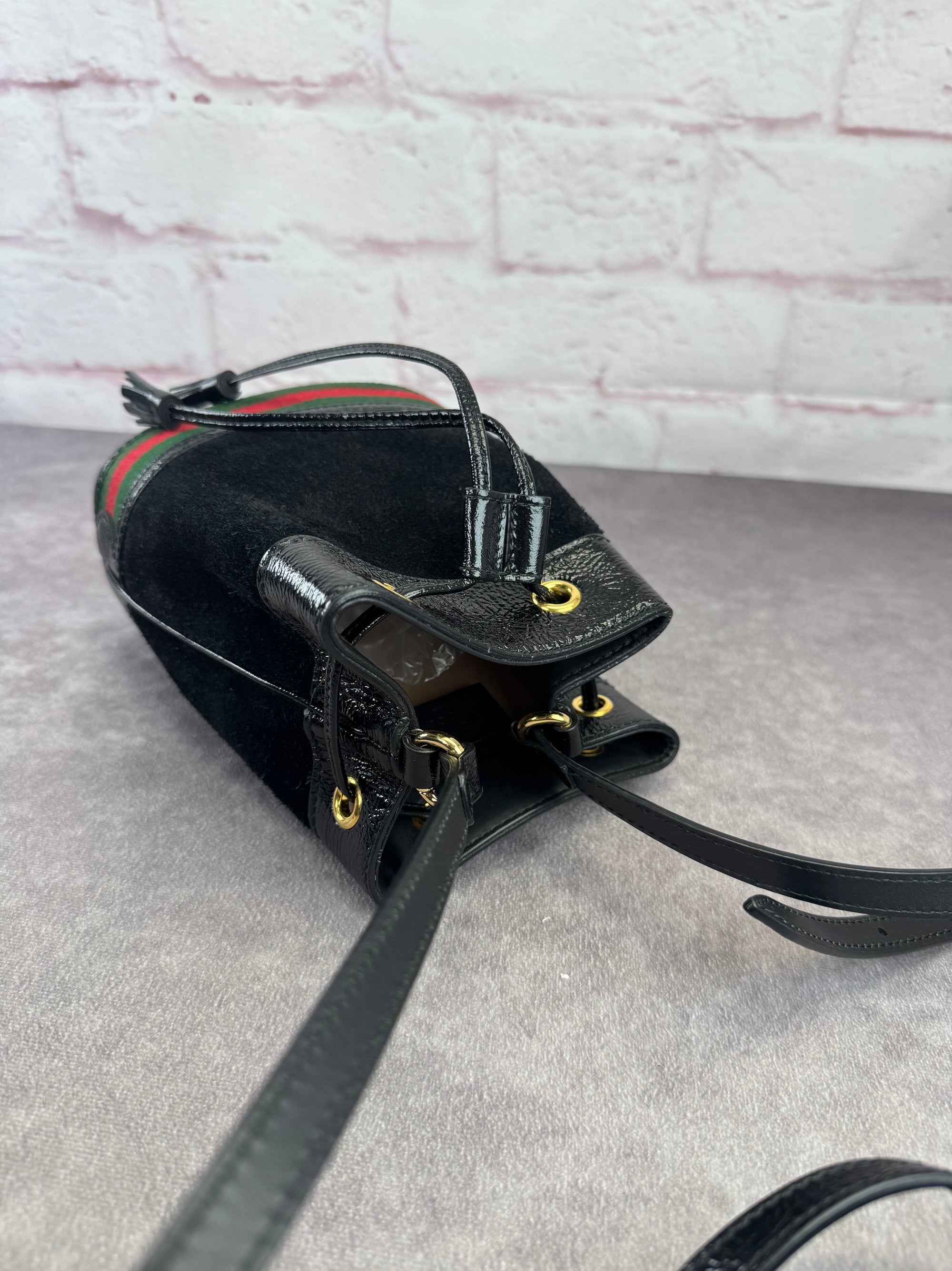 Gucci Ophidia Black Suede Web Drawstring Bucket Crossbody