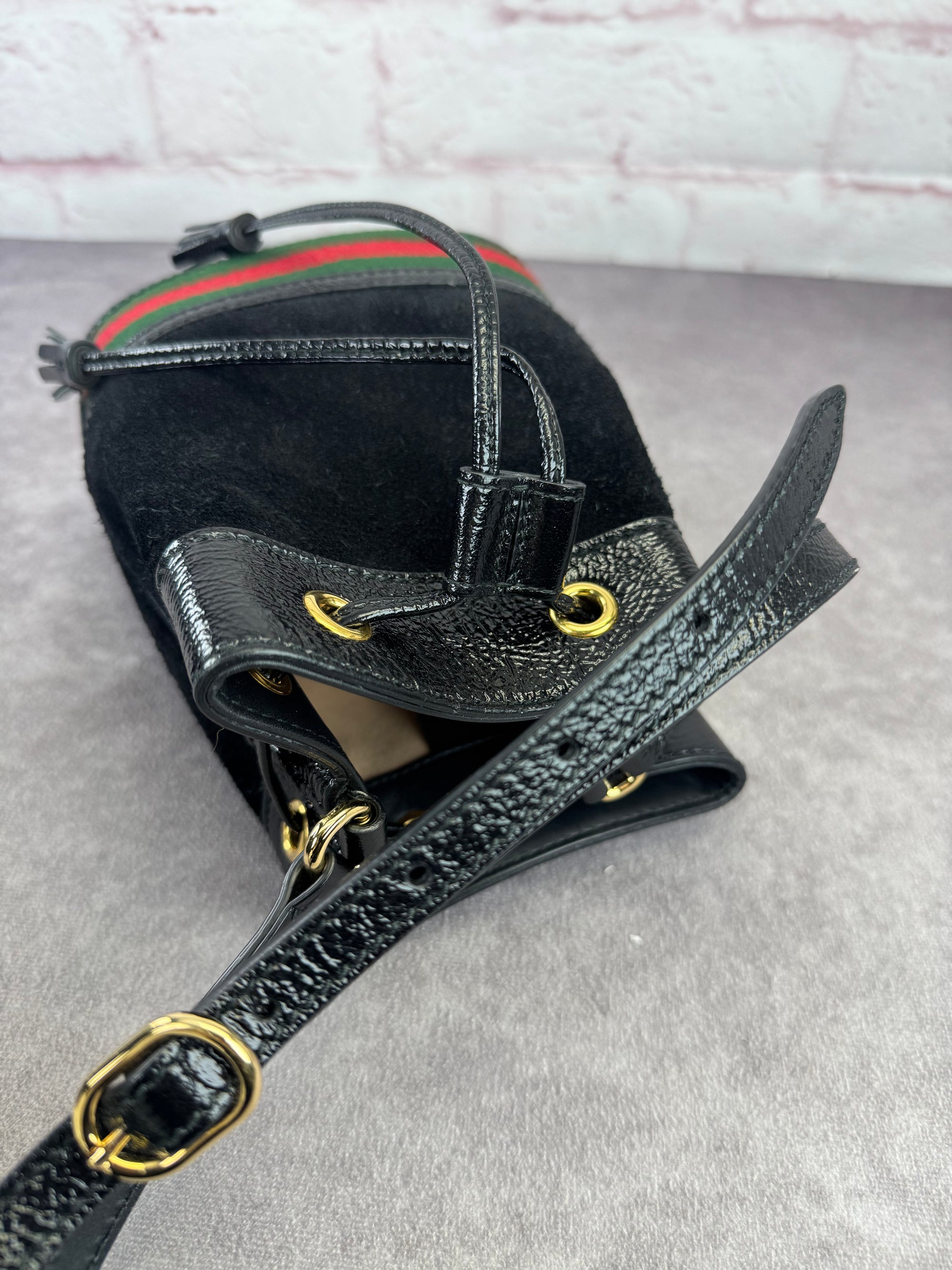 Gucci Ophidia Black Suede Web Drawstring Bucket Crossbody