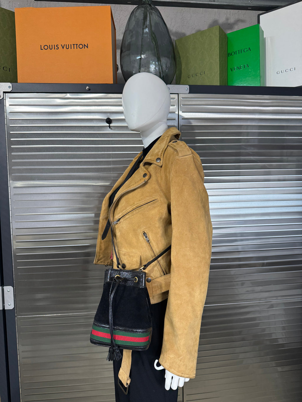 Gucci Ophidia Black Suede Web Drawstring Bucket Crossbody