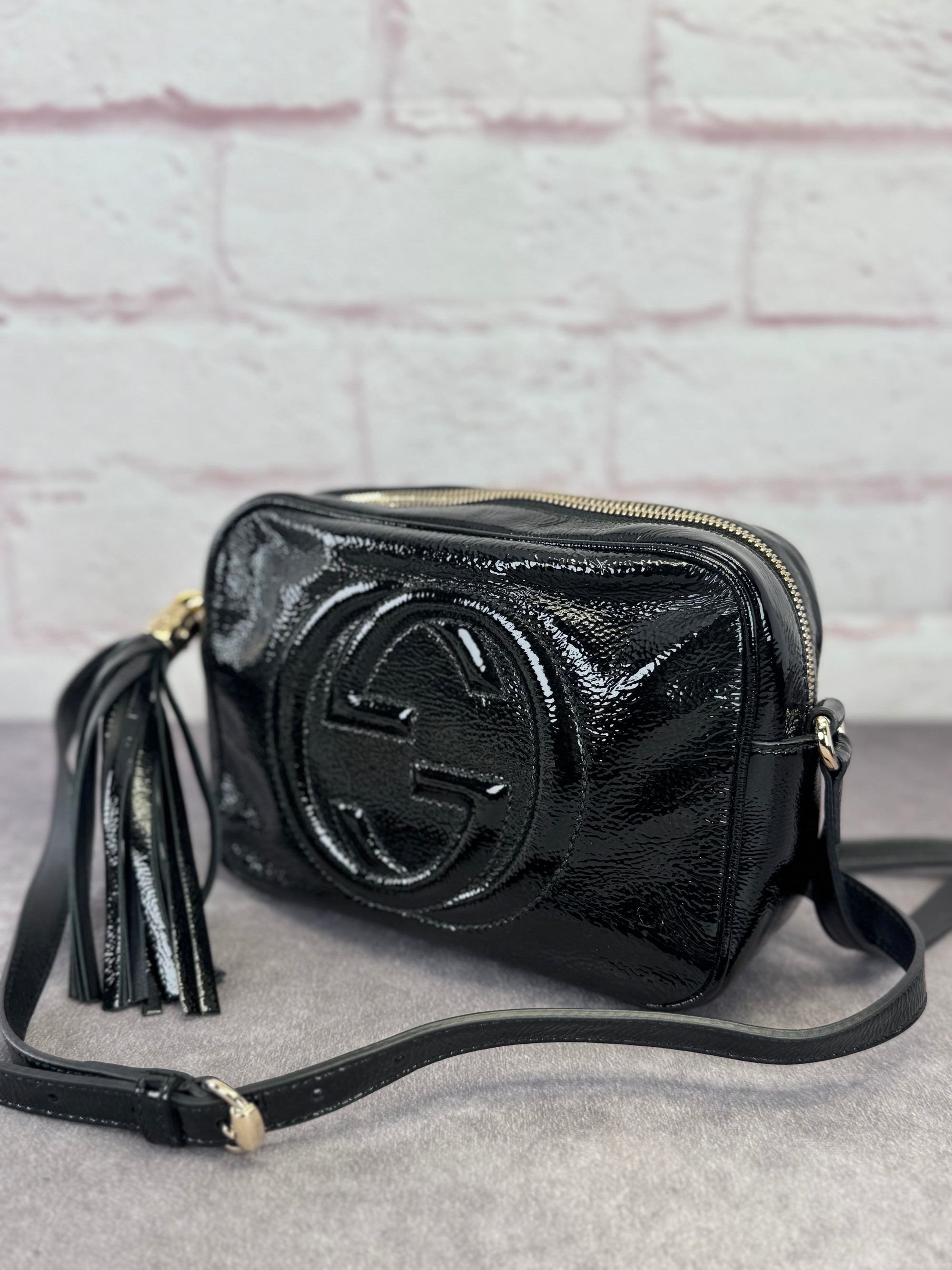 Gucci Patent Black Leather Soho Disco Camera Bag