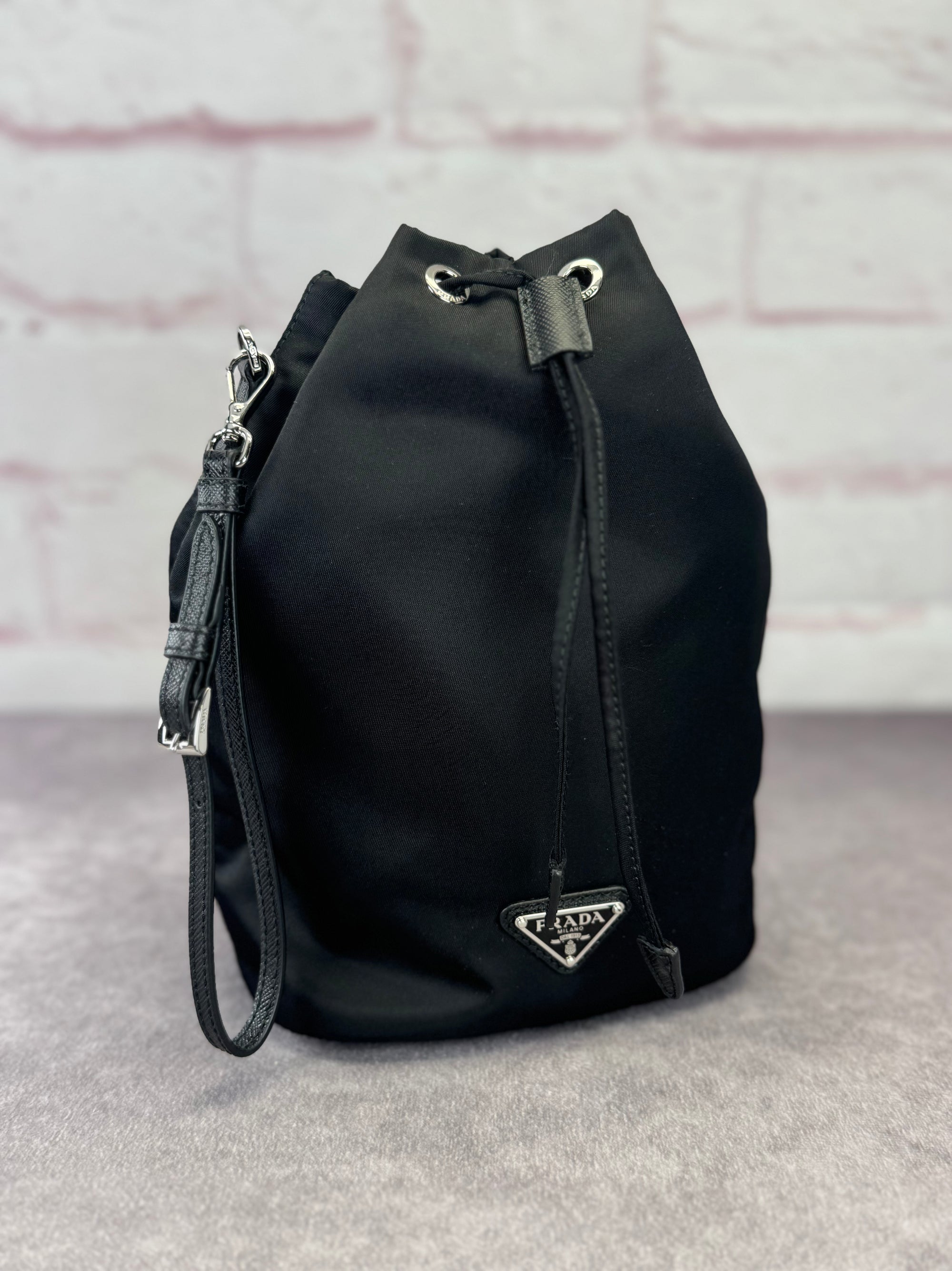 Prada Re-Nylon Saffiano Tessuto Vela Drawstring Pouch Bag