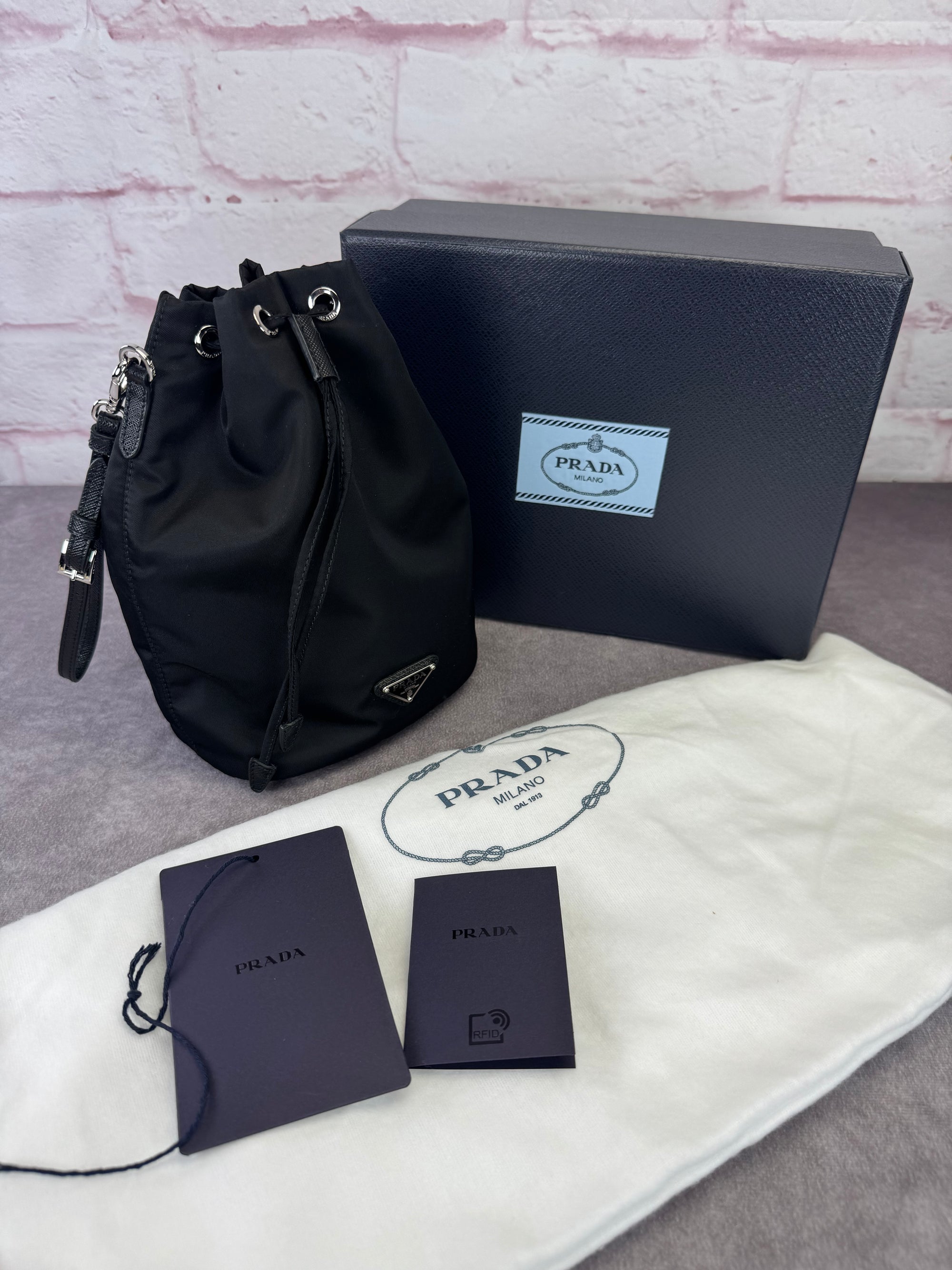 Prada Re-Nylon Saffiano Tessuto Vela Drawstring Pouch Bag