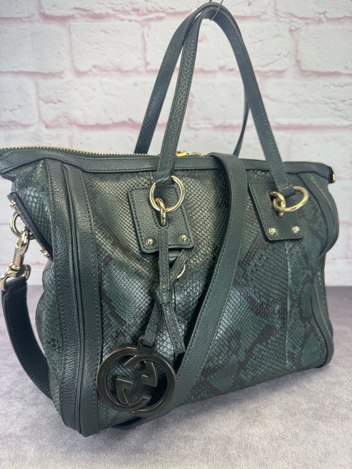 Gucci Teal Python Embossed Charm 2 Way Tote Bag