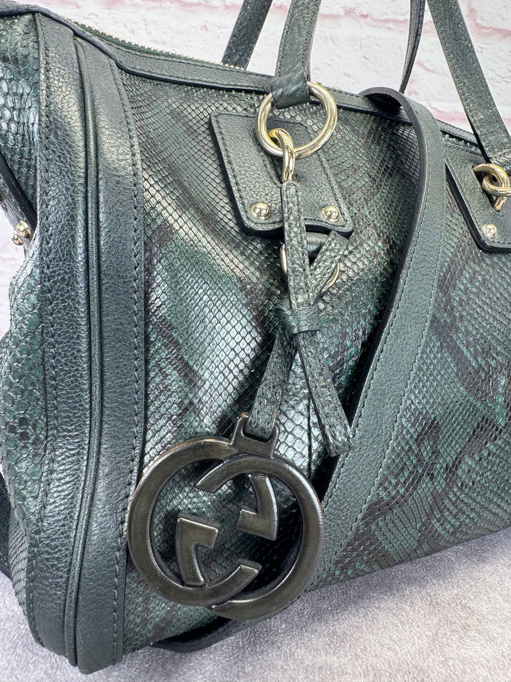 Gucci Teal Python Embossed Charm 2 Way Tote Bag