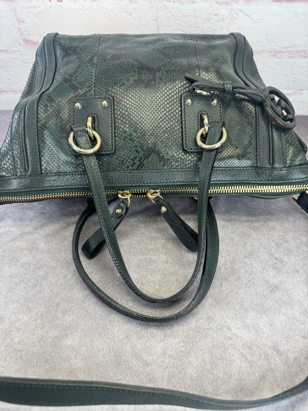 Gucci Teal Python Embossed Charm 2 Way Tote Bag
