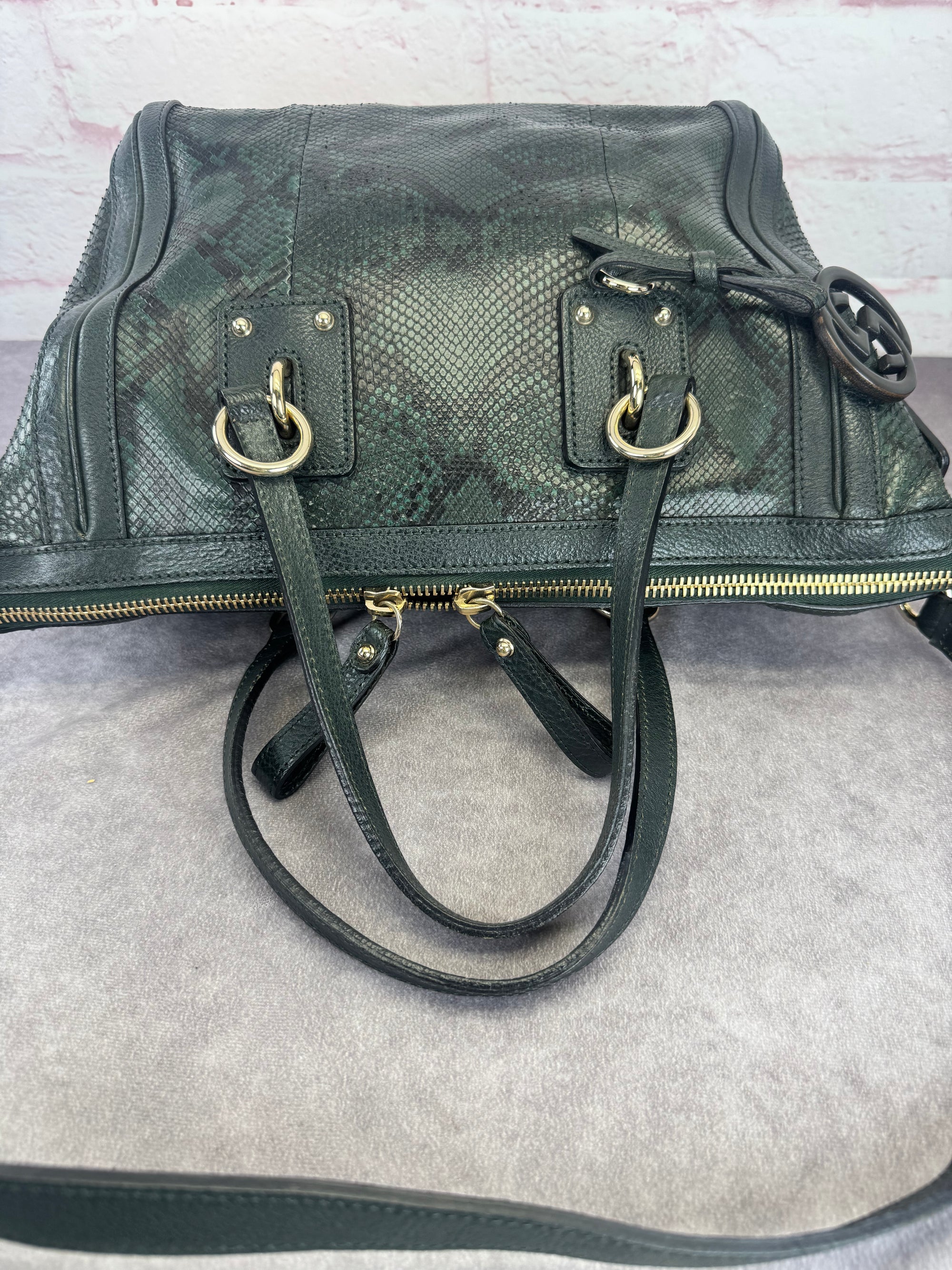 Gucci Teal Python Embossed Charm 2 Way Tote Bag
