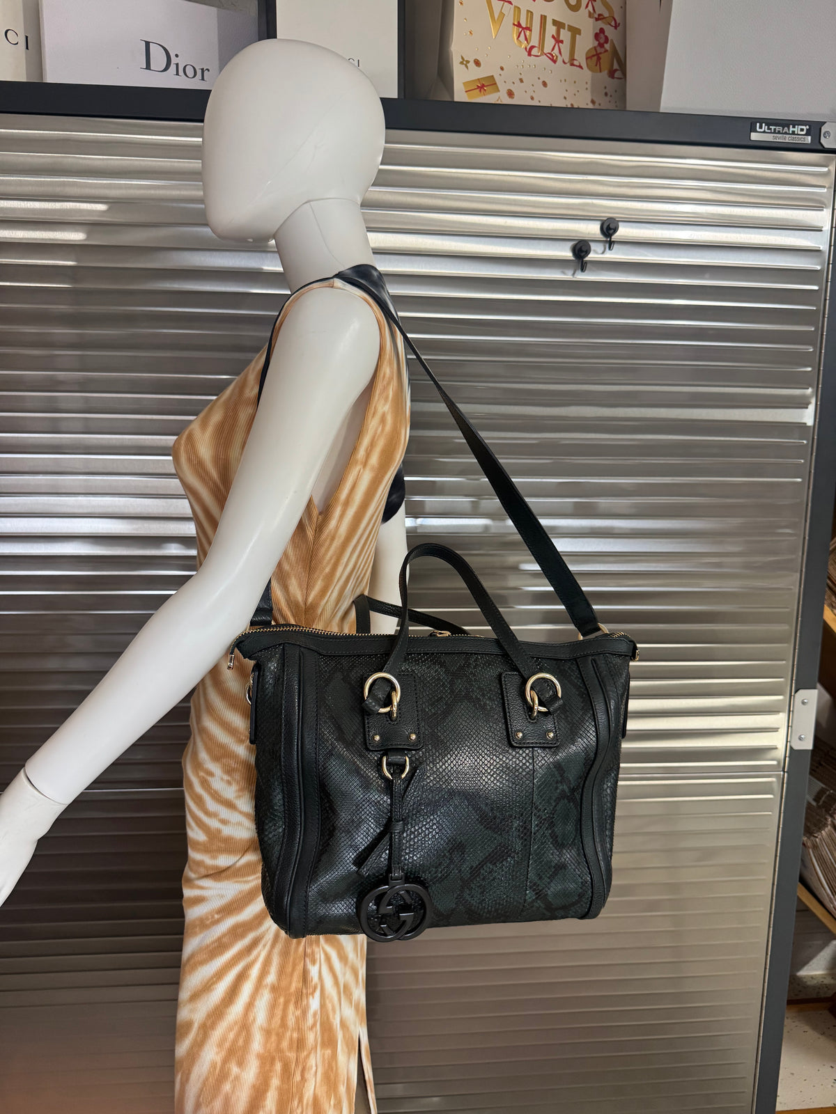 Gucci Teal Python Embossed Charm 2 Way Tote Bag